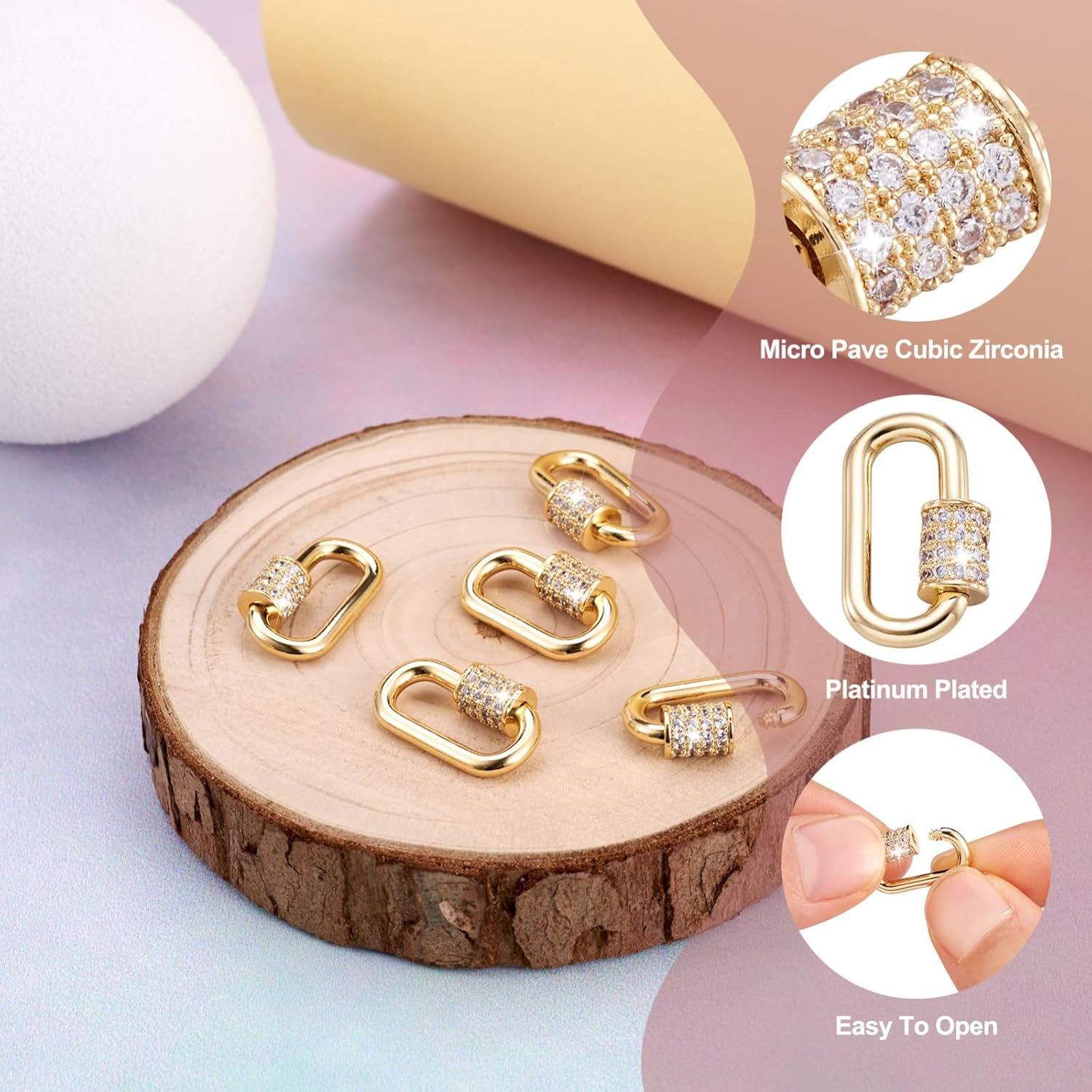 Pandahall 5Pcs Real 18K Gold Plated Brass Oval Screw Carabiner Lock Charms Clasps 17.3x10.5x2mm Micro Pave Cubic Zirconia Keychain Clip Hook for Necklaces Bracelet Jewelry Making - Image 5