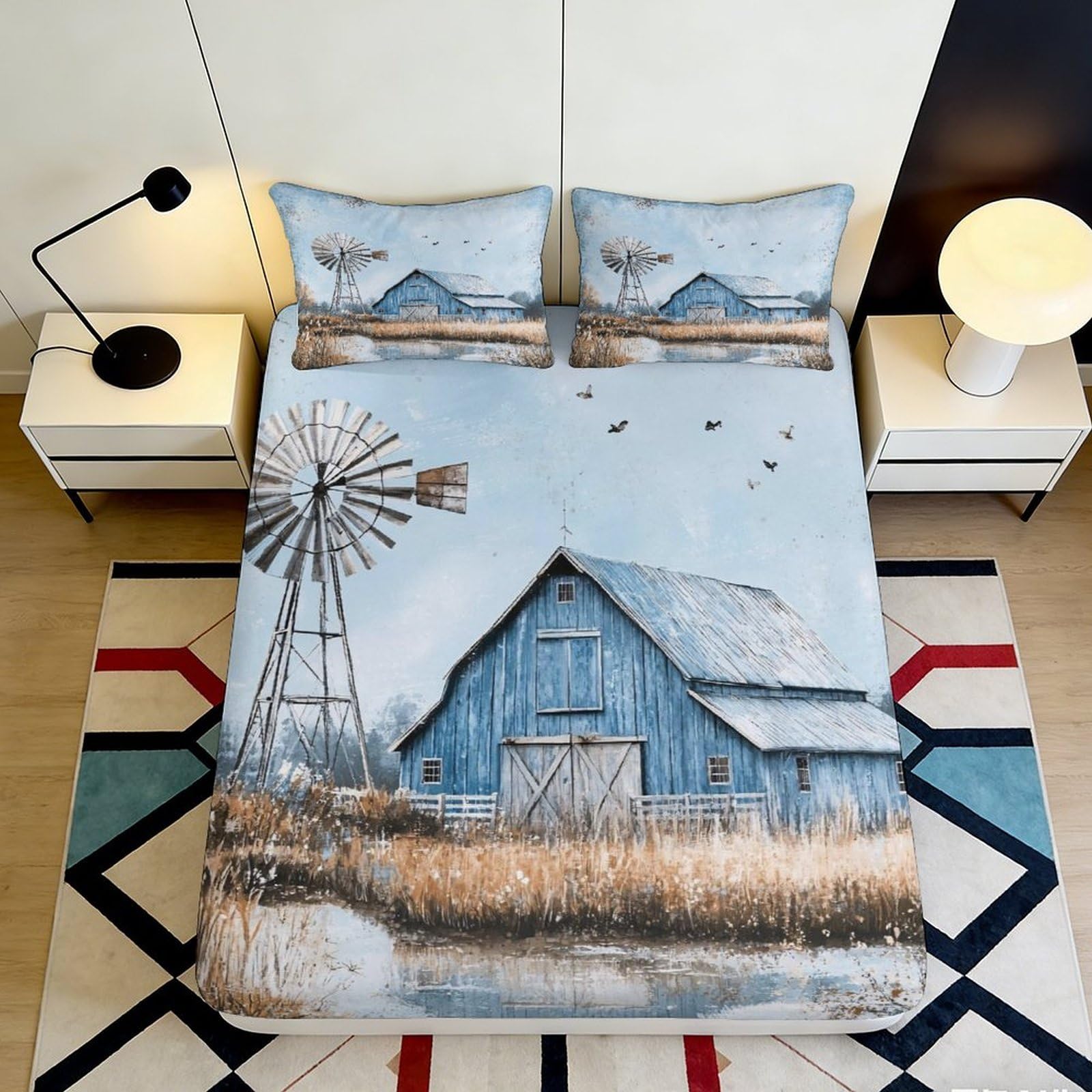 3D Printed Blue Barn Windmill Fitted Sheet Microfiber Soft Bedroom Decor Farmhouse Bed Cover for Adults Teens 90x200x25cm