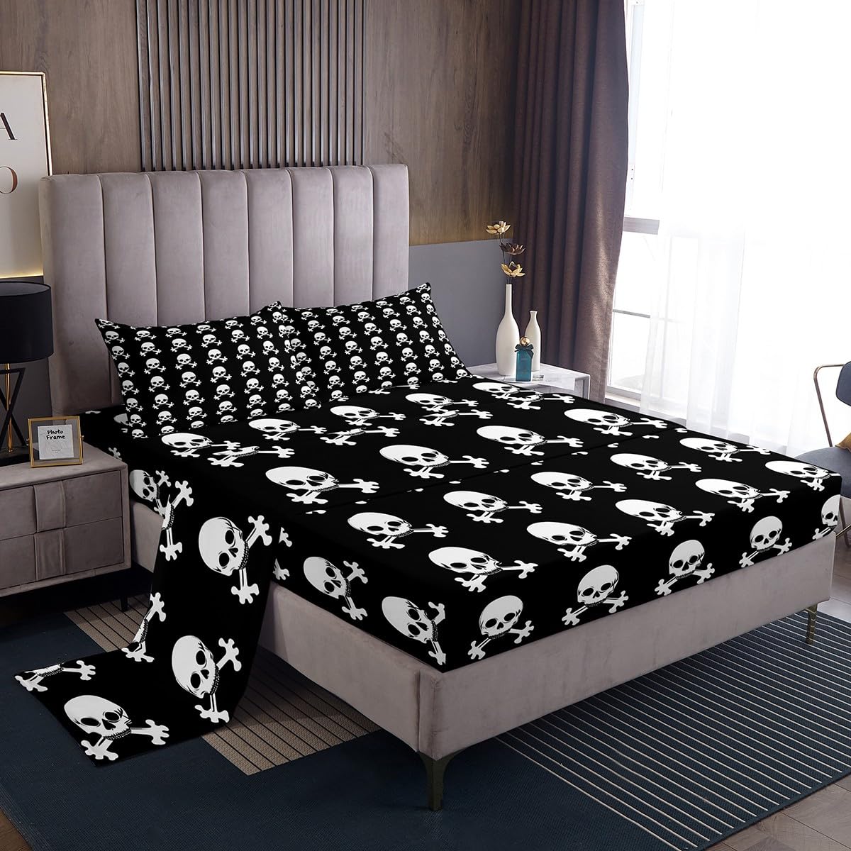 Homewish Juego de ropa de cama doble con diseño de calavera de azúcar, decoración gótica espeluznante, sábanas bajeras de Halloween, 4 piezas