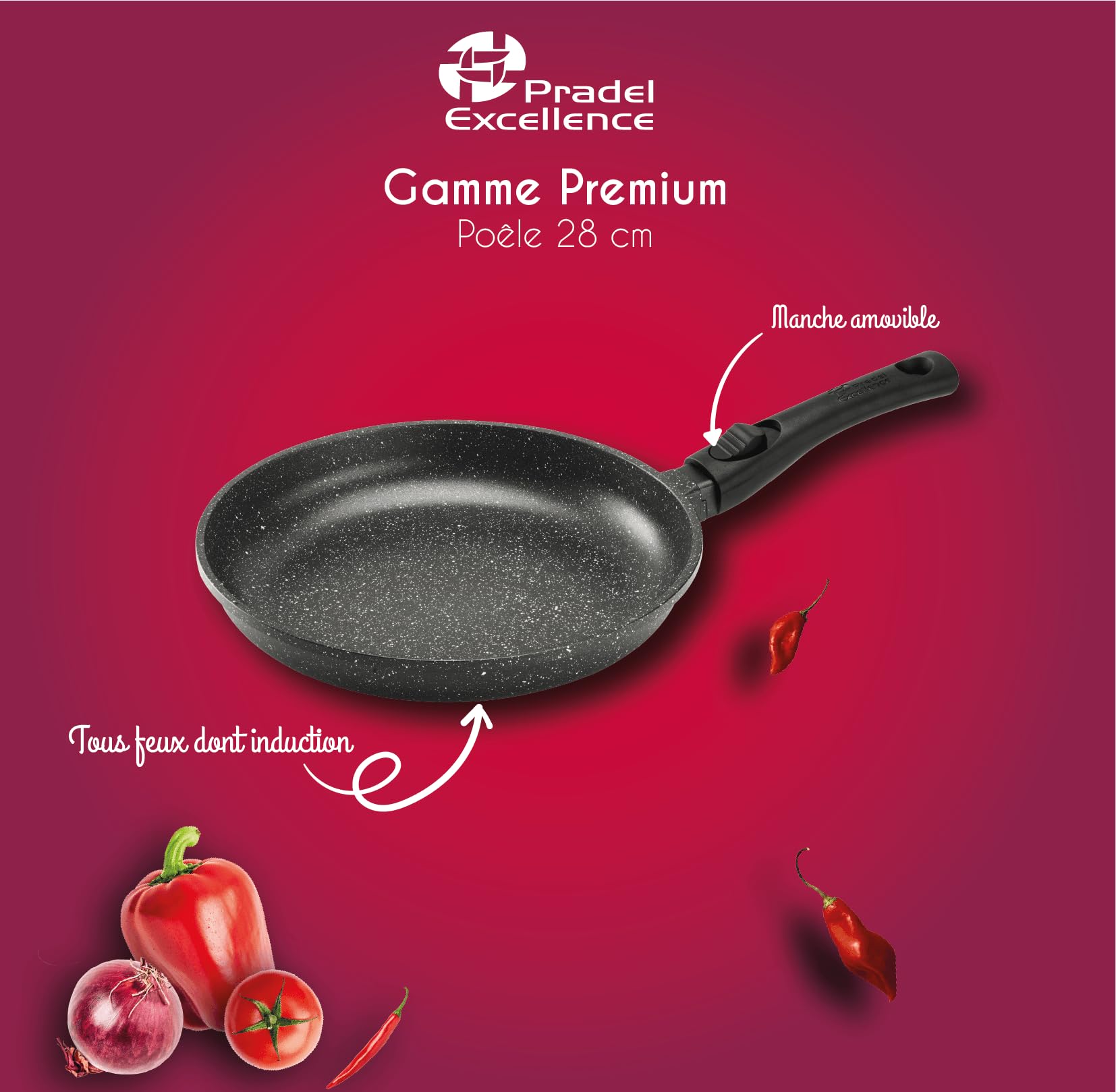 Pradel Excellence - PCUI001003 - Poêle en Fonte d'Aluminium Premium Ø28cm - Revêtement Anti-Adhésif Façon Pierre - Manche Amovible - Tout Feu, Induction, Four, Noir