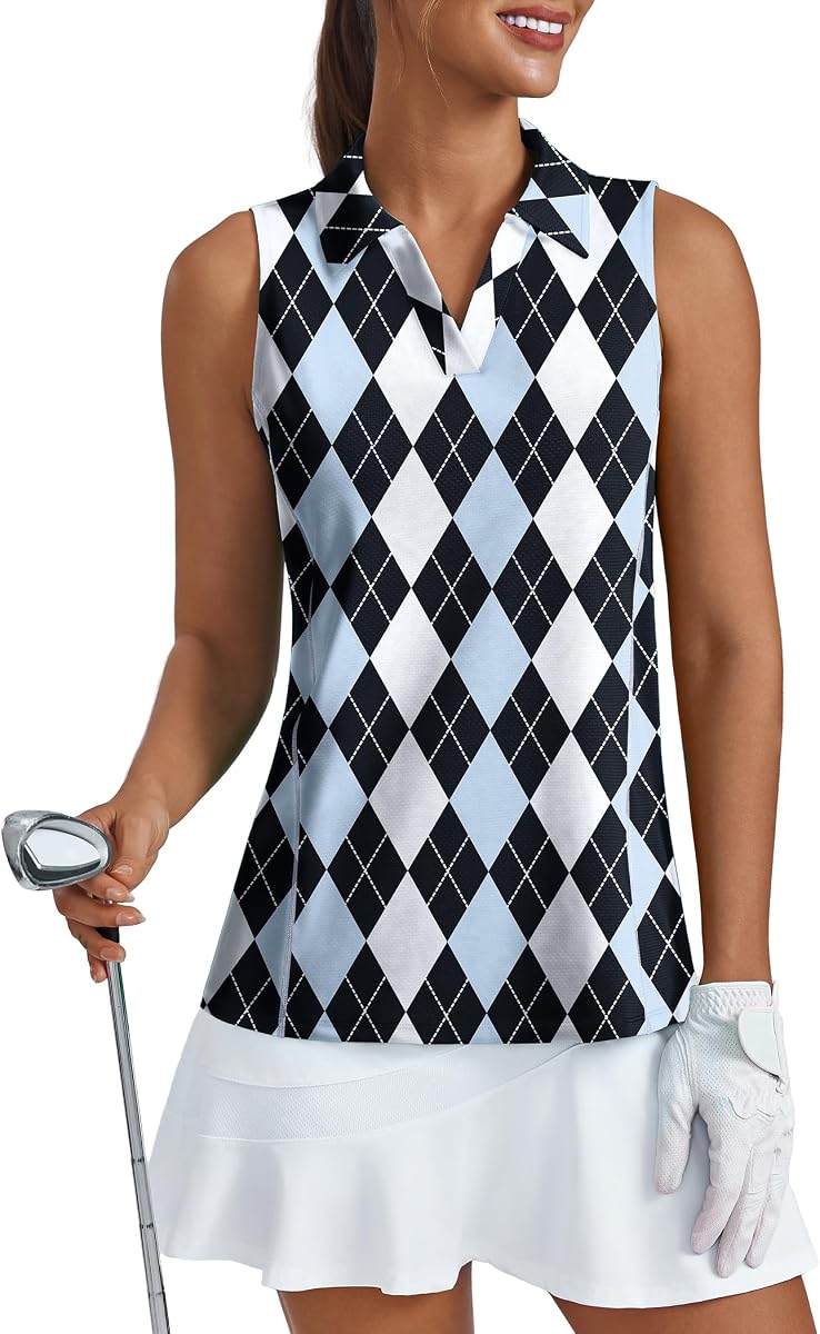 PINSPARK Womens Golf Shirt Sleeveless UPF 50+ Polo V Neck Workout Tank Tops | Quick-dry, Lightweight, Sun Protection, for Golf Tennis Pickleball Running Gym Workout, Casual Wear