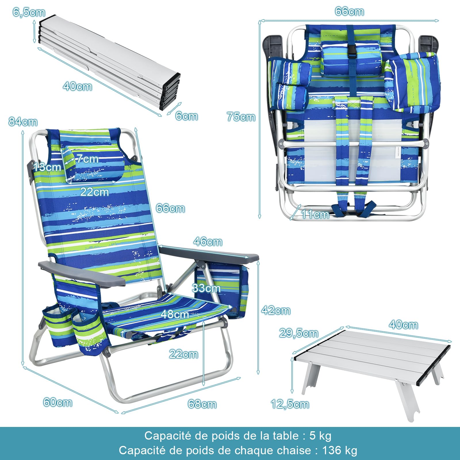 GIANTEX Chaises de Plage Pliable 3 Pcs, Chaises de Camping 5 Positions avec Dossier Haut et Table Enroulable, Chaise de Jardin Inclinables Charge 136 KG (Bleu + Vert)