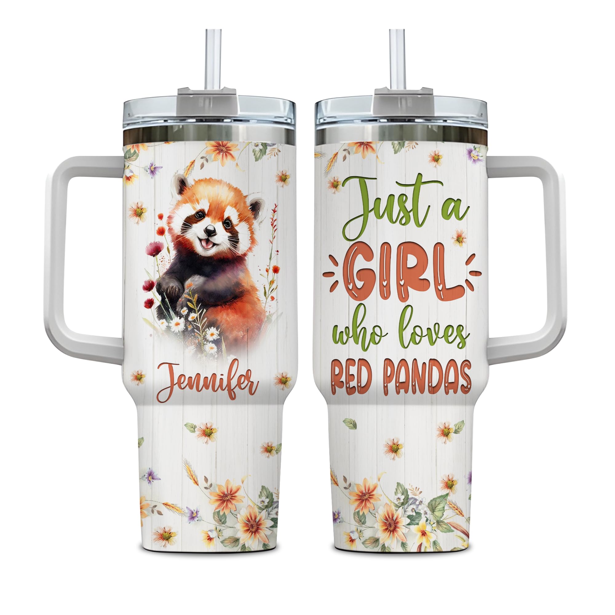 Hyturtle Personalized Gifts For Red Panda Lover Tumbler 40oz with Handle and Straw - Stainless Steel Travel Coffee Cup With Lid - Cute Animal Lover
