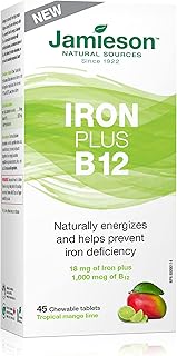 Jamieson Iron plus Vitamin B12 Chewable - 18 mg Iron with 1,000 mcg Vitamin B12, Tropical Mango Lime Flavour (Packaging May Vary)