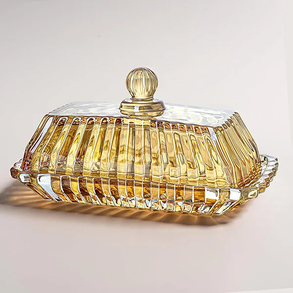 Champagne Covered Butter Dish for Countertop 6.5inch Glass Butter Dish With Lid Elegant Butter Keeper Container For Kitchen Dining Table Decor