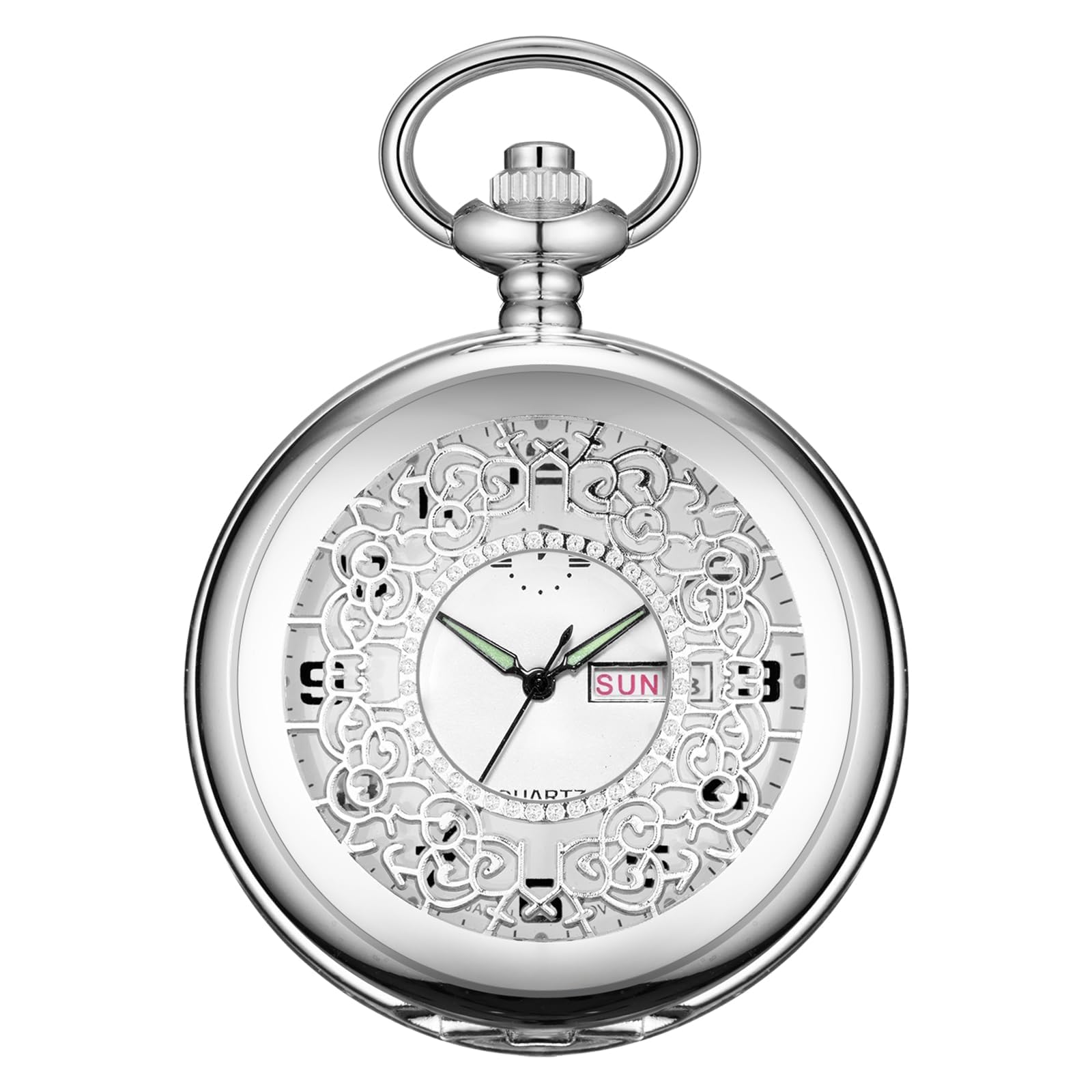 BOSHIYA Smooth Quartz Pocket Watches for Men Classic Arabic Digital Luminous Dial & Day Date Pocket Watch with Chain Christmas Graduation Birthday Gifts