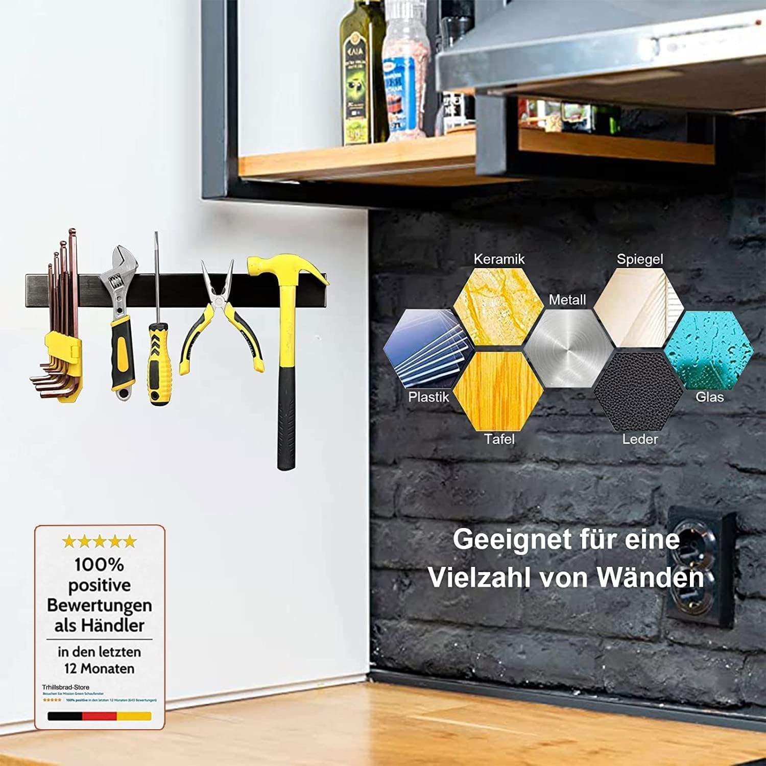 Barra magnética para cuchillos 60 cm, soporte magnético para cuchillos de 60 cm, con 3 ganchos, acero inoxidable, autoadhesiva, soporte de pared negro, sin taladrar