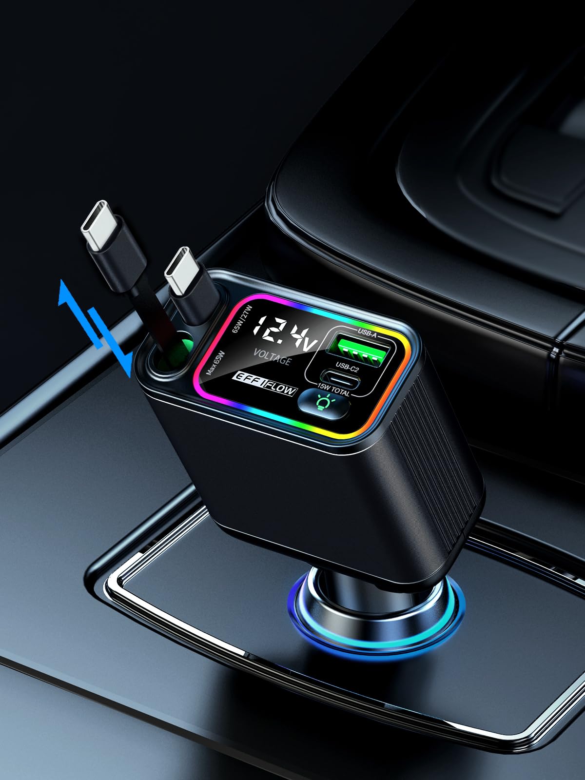Caricatore da auto retrattile USB C, tipo C, ricarica rapida con cavo retrattile, compatibile con iPhone 16/15, S25/24/23/22, Pixel 9/8/7 (nero, 145 W (C+C))