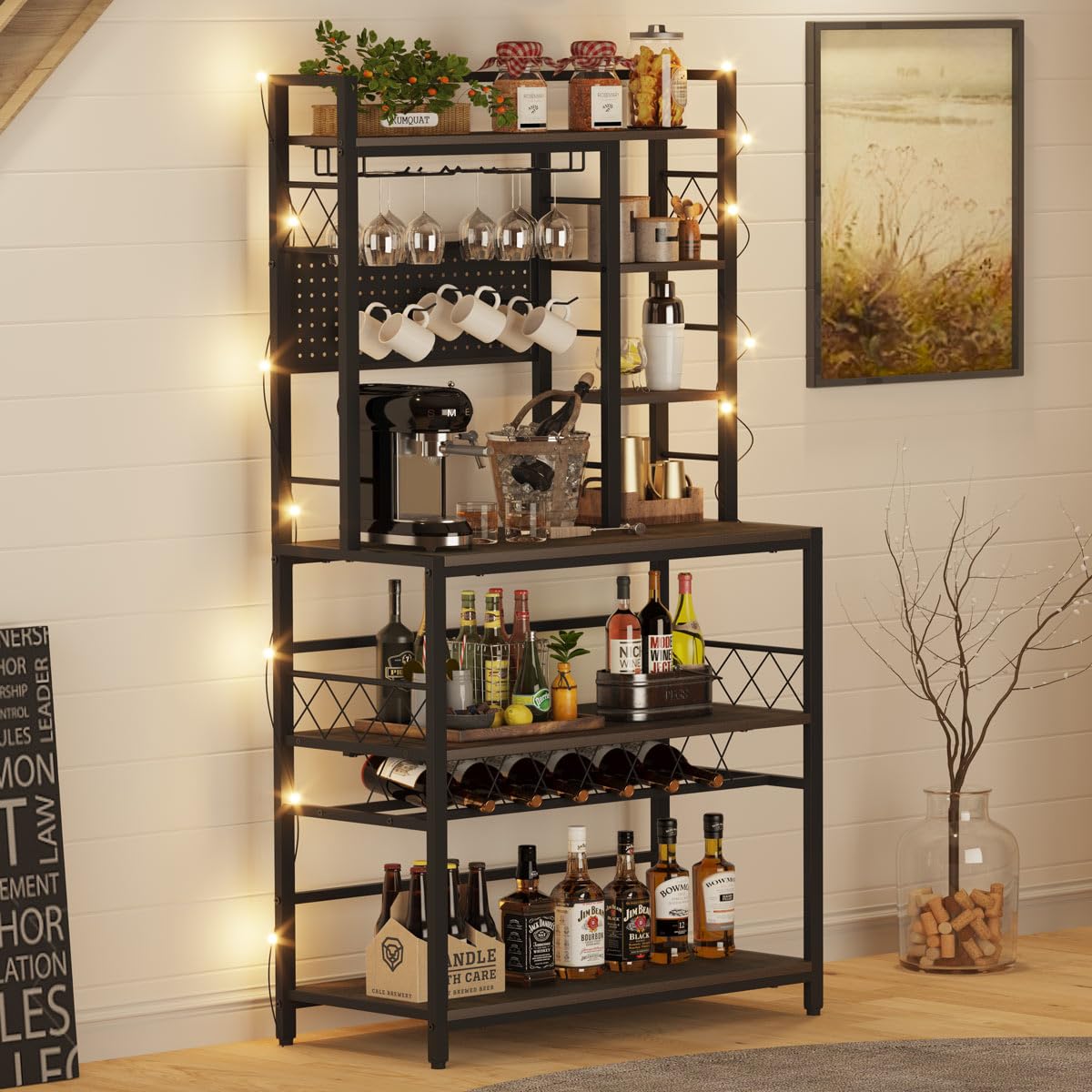 Freestanding Wine Rack Table with Glass and Wine Holder, Rustic Coffee Bar Cabinet, Floor Liquor Cabinet with Storage Shelf, Bakers Stand for Home, 33.5" Wide (Walnut Brown)