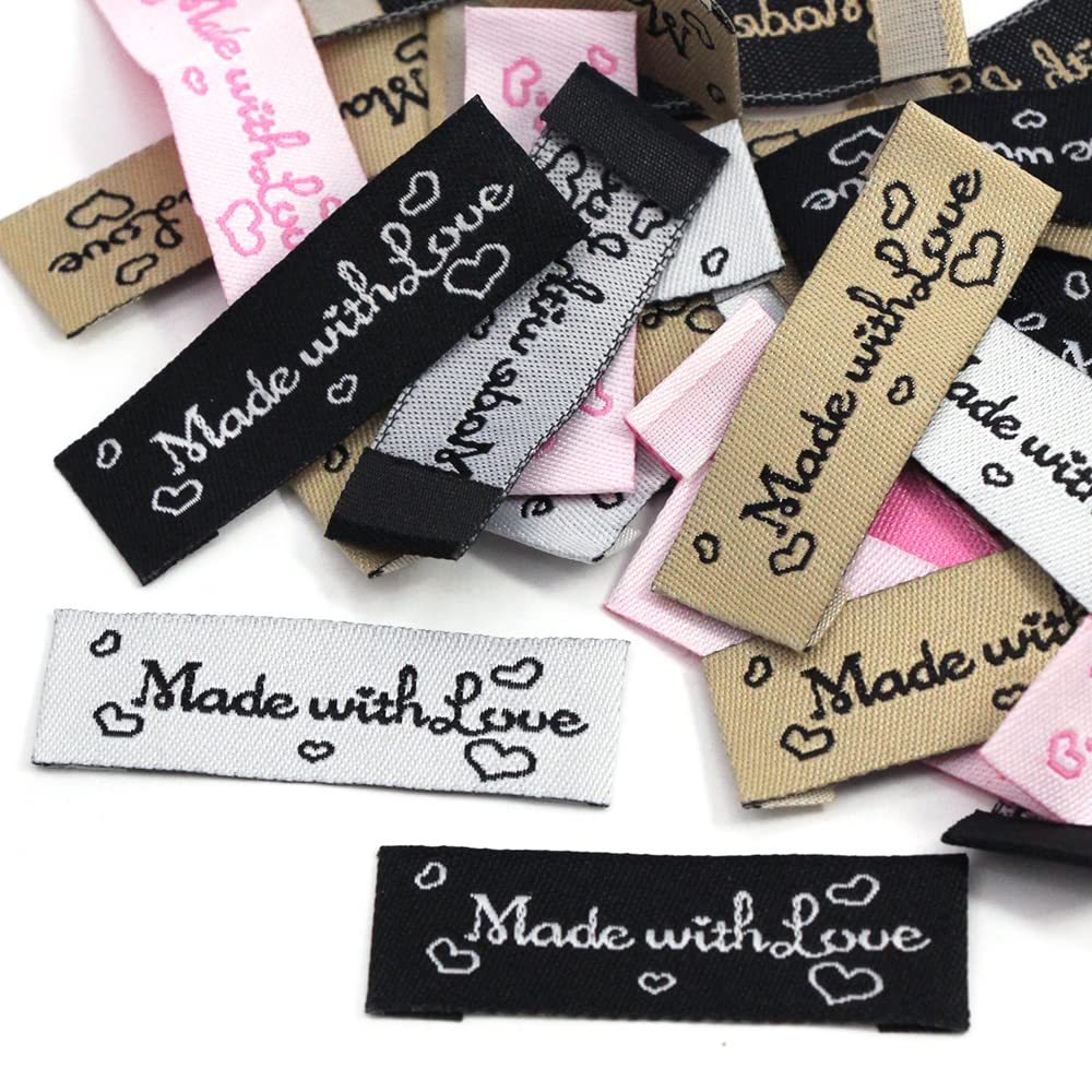 20 pezzi etichette in cotone fatte con amore etichette tessute per cappelli lavorati a maglia sciarpe etichette fatte a mano etichette per vestiti accessori per cucire 48x16 mm-bianco