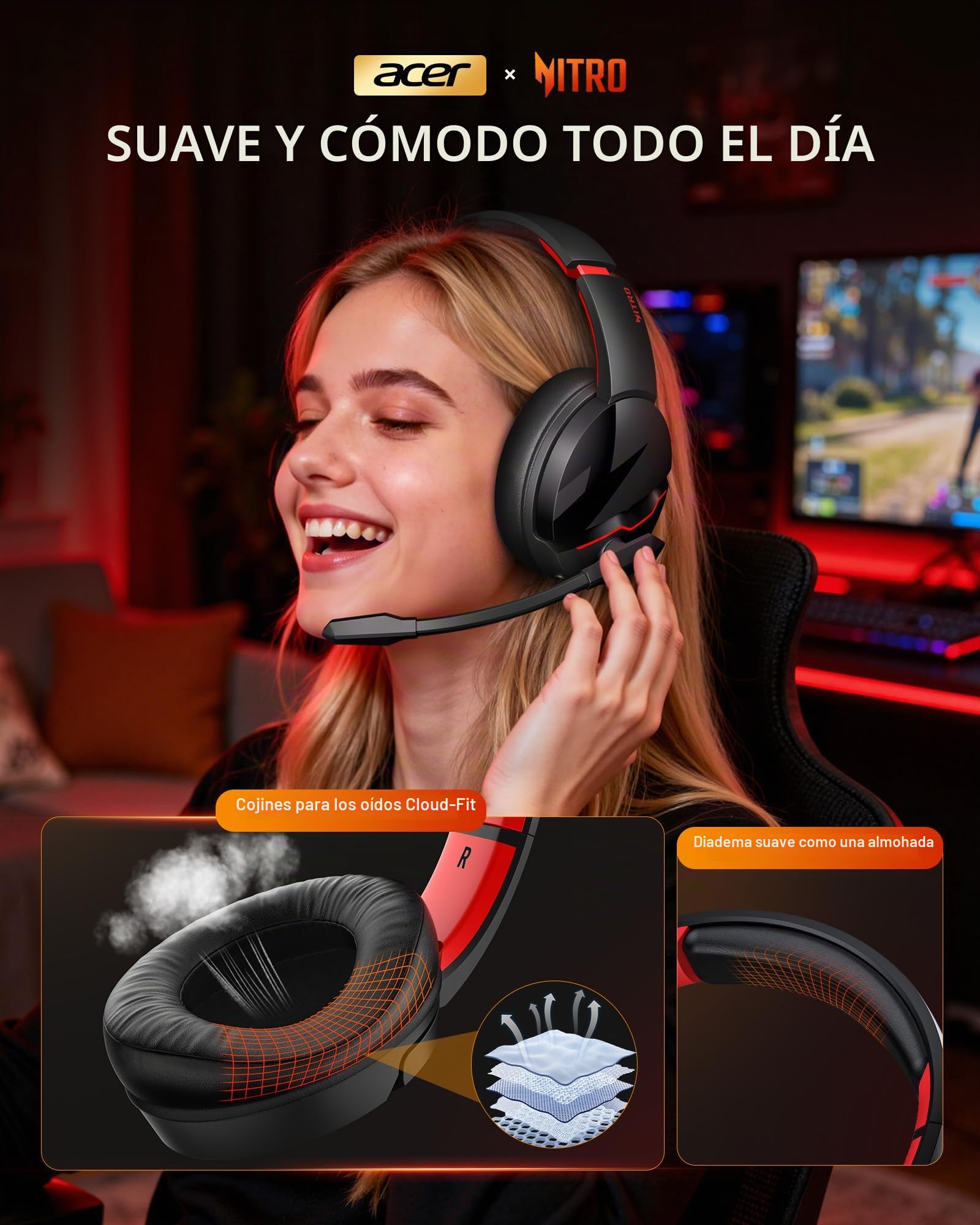 Acer Auriculares inalámbricos para Juegos, PS5 con 2.4 GHz para PS5, PS4, PC, Switch, Bluetooth 5.3 + 100 Horas con micrófono de cancelación de Ruido para Laptop, móvil, Mac, Controladores de 50 mm