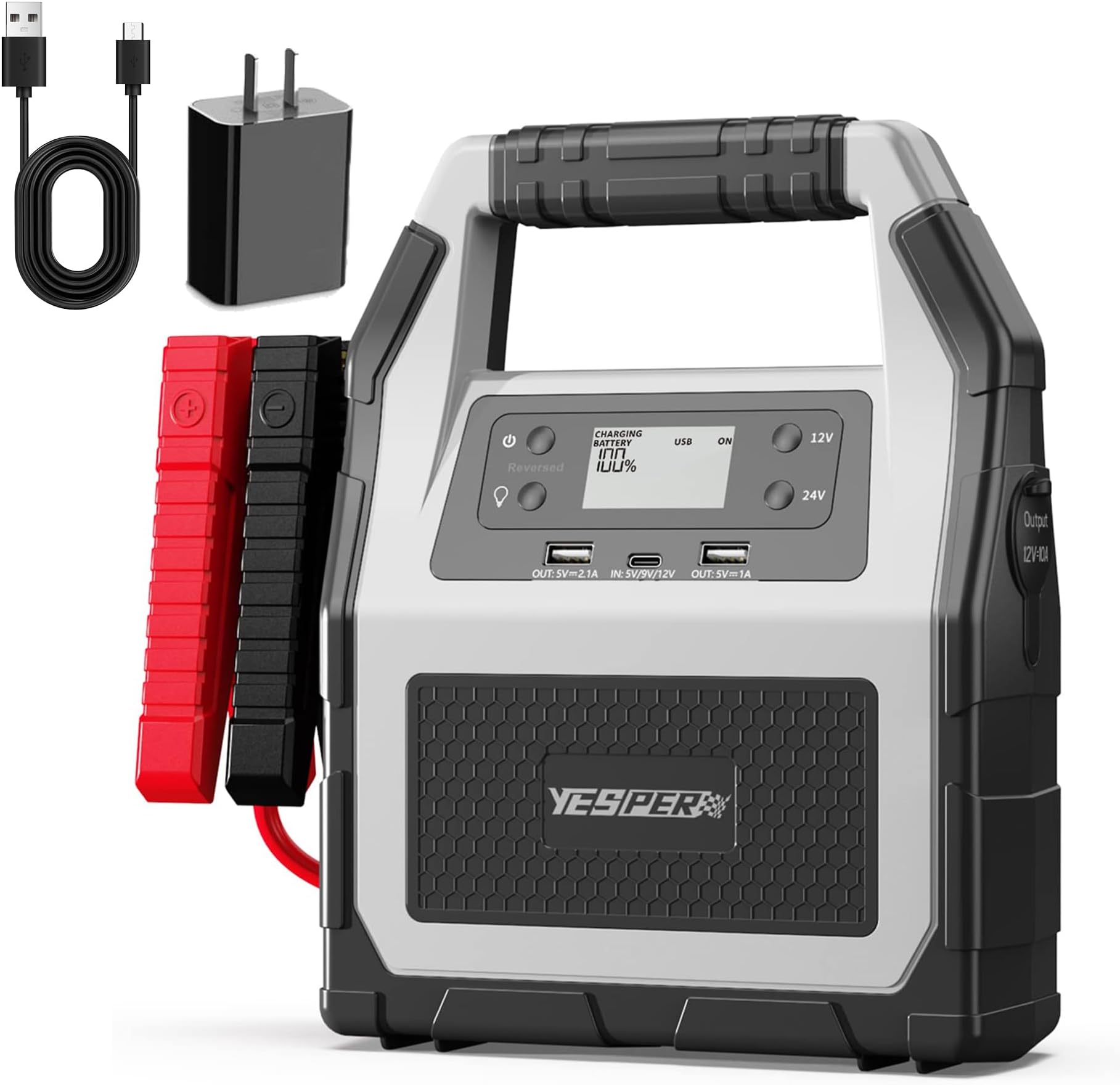 YESPER 12V/24V Car Jump Starter, 6000A Peak 4.1 lbs Portable Jump Starter Battery Pack 42000mAh Battery Booster Pack (Up to All Gas/Diesel Engine) Jumper Box with LED Screen and Wall Charger