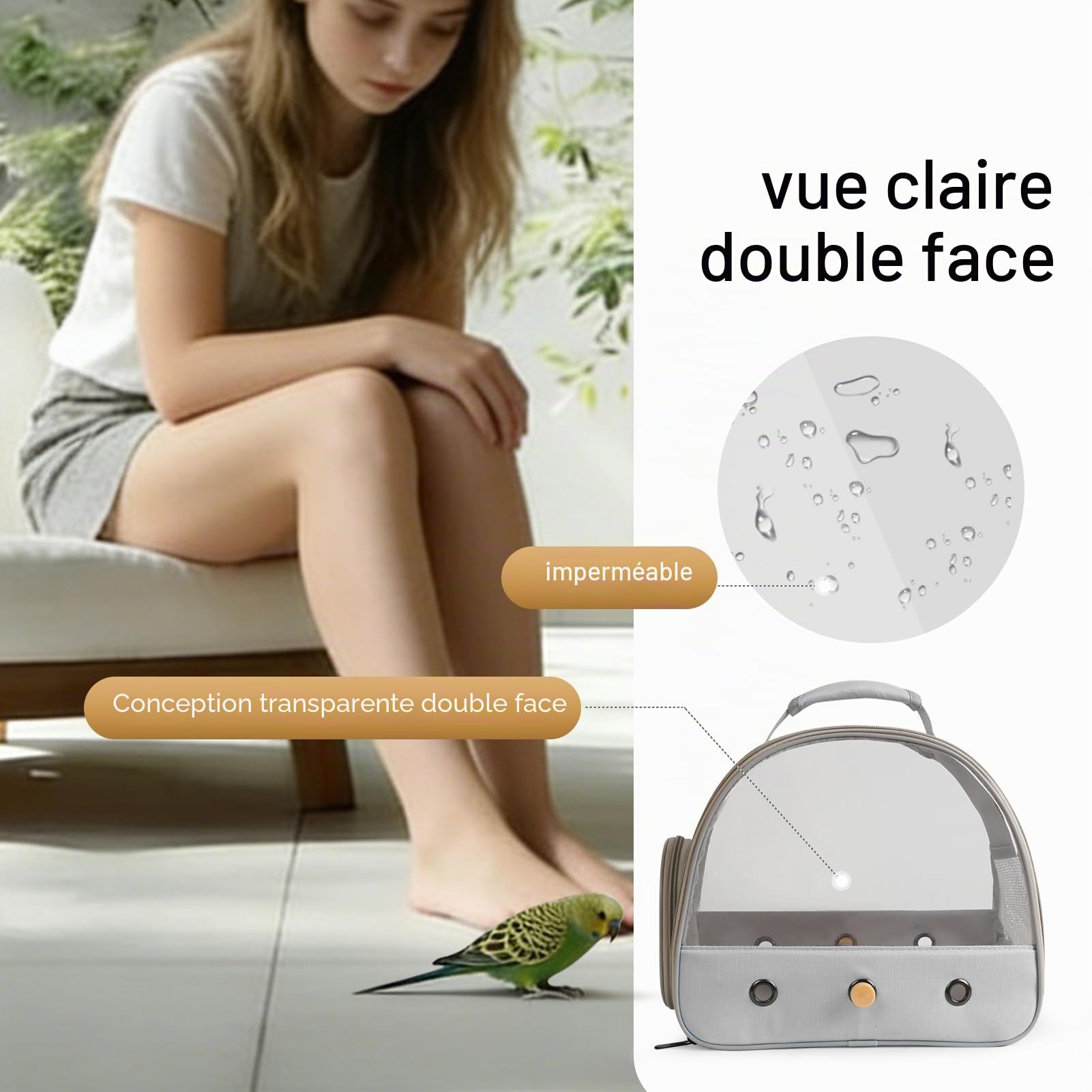 Transporteur d'oiseaux, transporteur d'oiseaux portable pour perroquet, perruche, perruche ondulée, petits oiseaux avec tapis doux et perchoir en bois (gris)