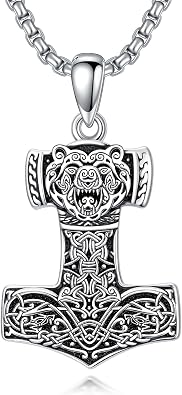 ROMANTICWORK Thor Hammer Necklace 925 Sterling Silver Celtic Leopard Pendant Thor Hammer Mjolnir Necklace Norse Jewelry for Men Father