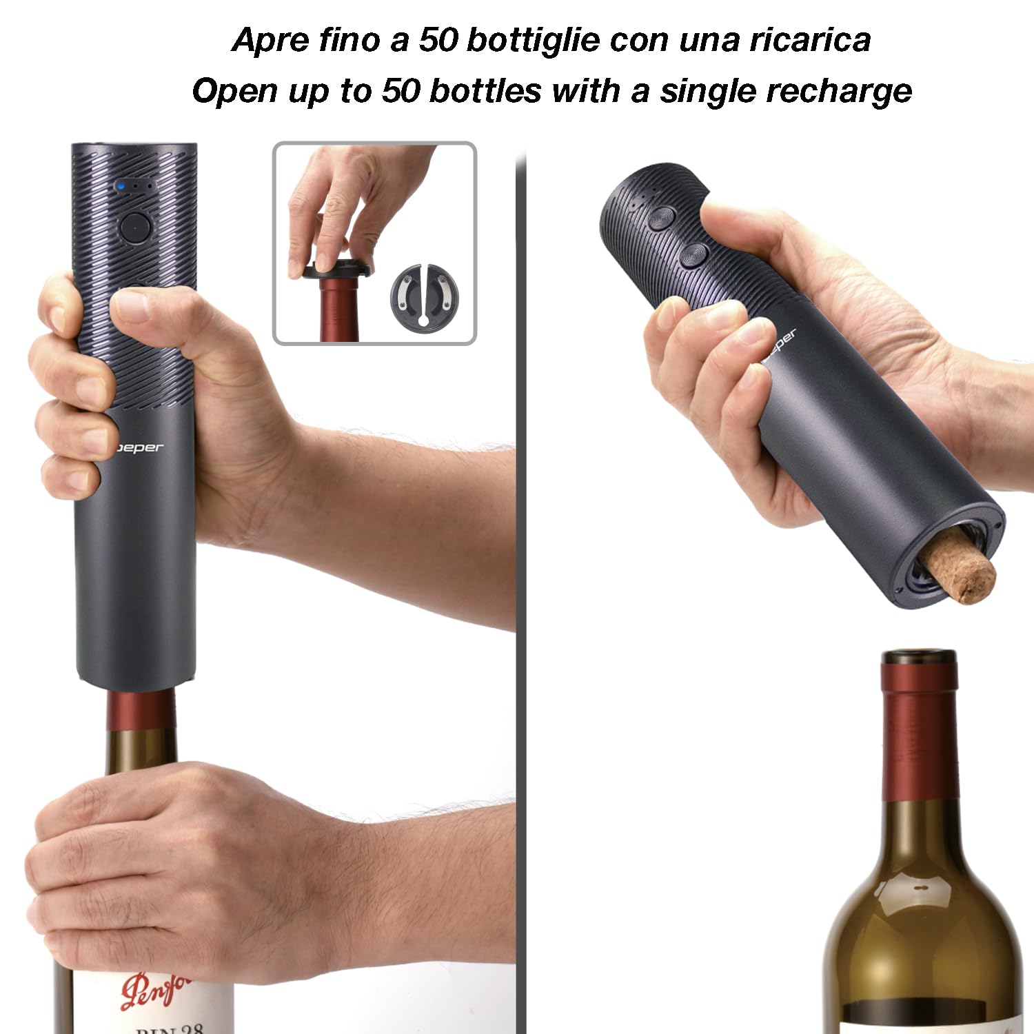 BEPER P102ACP103 Sacacorchos Eléctrico Recargable por USB, Abrebotellas de Vino, con Cortador de Láminas, para Corchos y Corchos Sintéticos