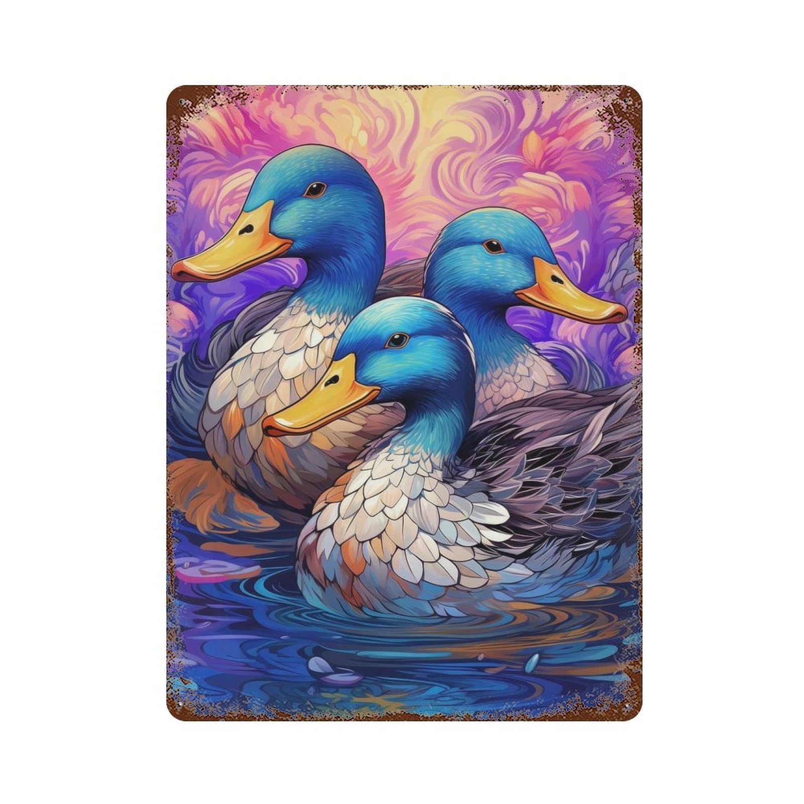 Distressed Metal Wall Sign with A Trio of Ducks Design 15.7"x11.8", for Office, Studio And Wall Decor, Industrial Home Decor