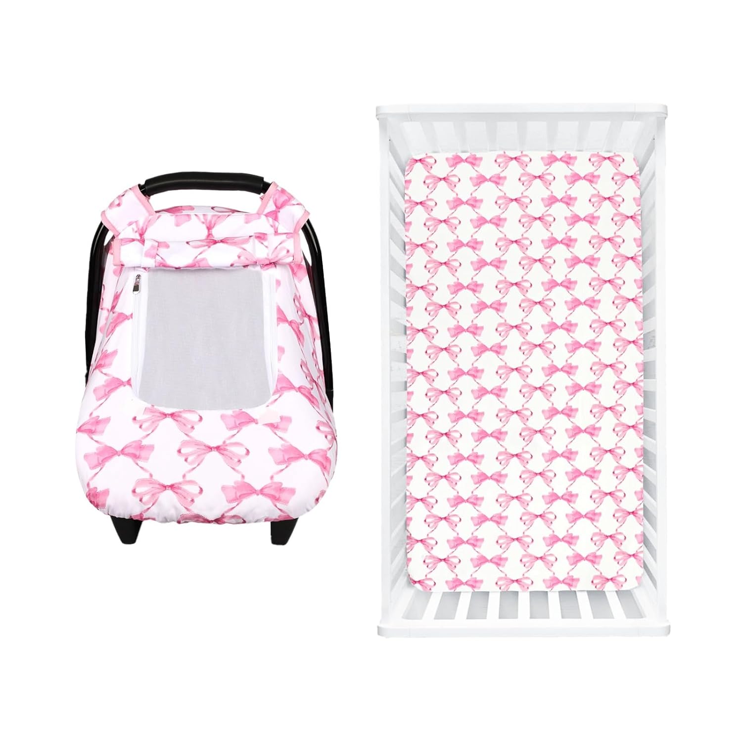 Car Seat Cover Baby & Crib Sheets, HNHUAMING Infant Car Seat Covers Canopy & Crib Mattresses Sheets, Newborn Carseat Covers Minky Dot Backing Stroller Cover & Baby Sheet, Pink Bow