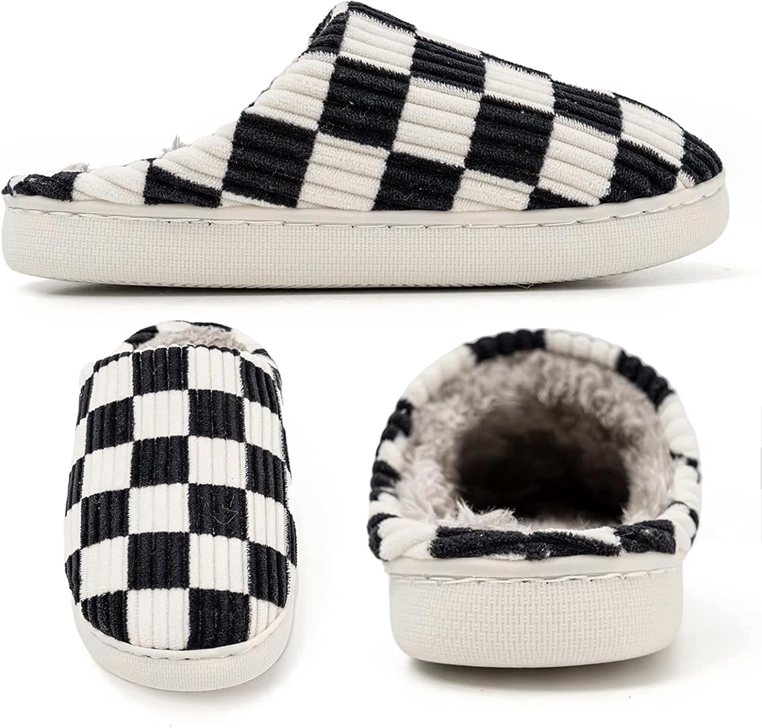 House Slippers for Woman Men, Fuzzy Checkered Mens Womens Slippers Warm Memory Foam House Shoes Indoor Outdoor with Faux Fur Lining - Image 4