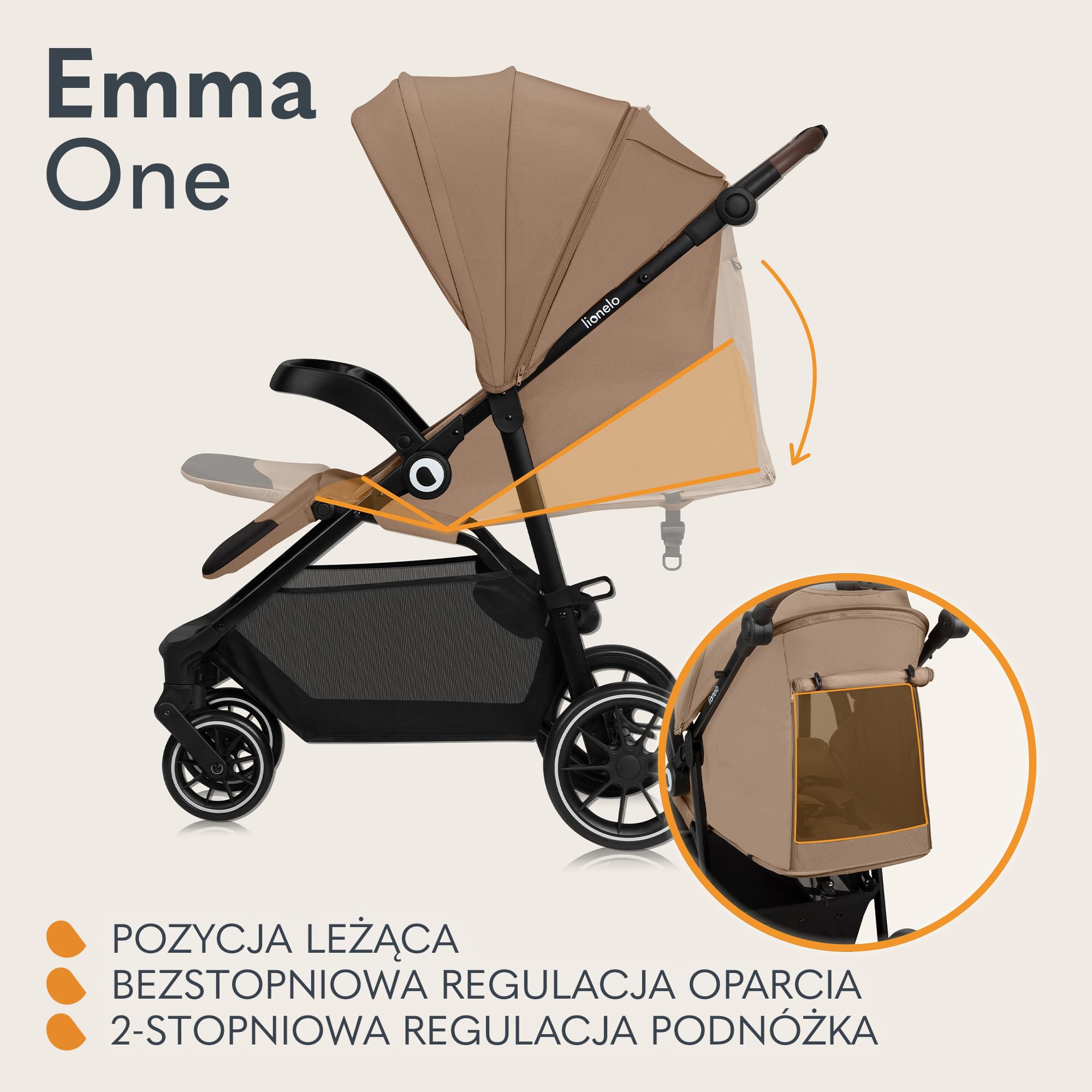 LIONELO EMMA ONE Spacerowy Wózek Dziecięcy do 22 kg od 6 m do 4 lat Obrotowe Koła 360° Pełna Amortyzacja Składany Jedną Ręką Regulacja Oparcia i Podnóżka Daszek XXL UPF50+ | Obrotowe kółka o 360°, pełne zawieszenie, składane jedną ręką, regulowane oparcie