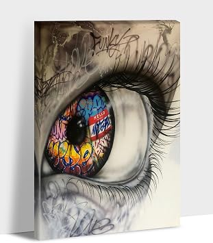 Graffiti Wall Art - Banksy Canvas Wall Art, Funny Colorful Beautiful Eyes Painting Pictures for Room Decor, Street Graffiti Art Print, Banksy Poster Framed Artwork for Living Room Wall Decor12x18 Inch