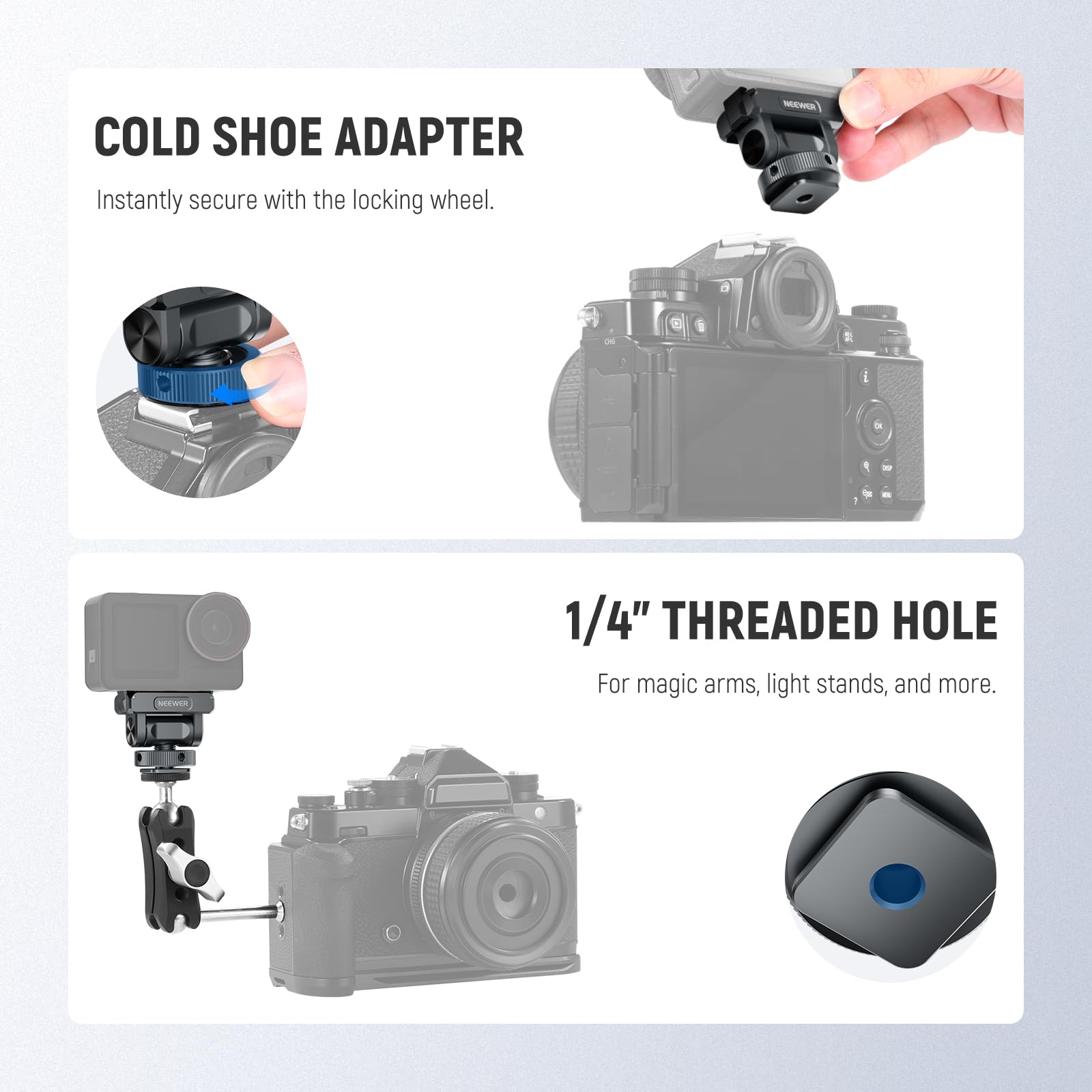 NEEWER Akcesoria do montażu magnetycznego kompatybilne z DJI Osmo Action 5 Pro / 4/3, Quick Release 160° Tilt Action Camera Adapter Mount z zimną stopką, gwint 1/10.2 cm, AC012 ciemnoszary