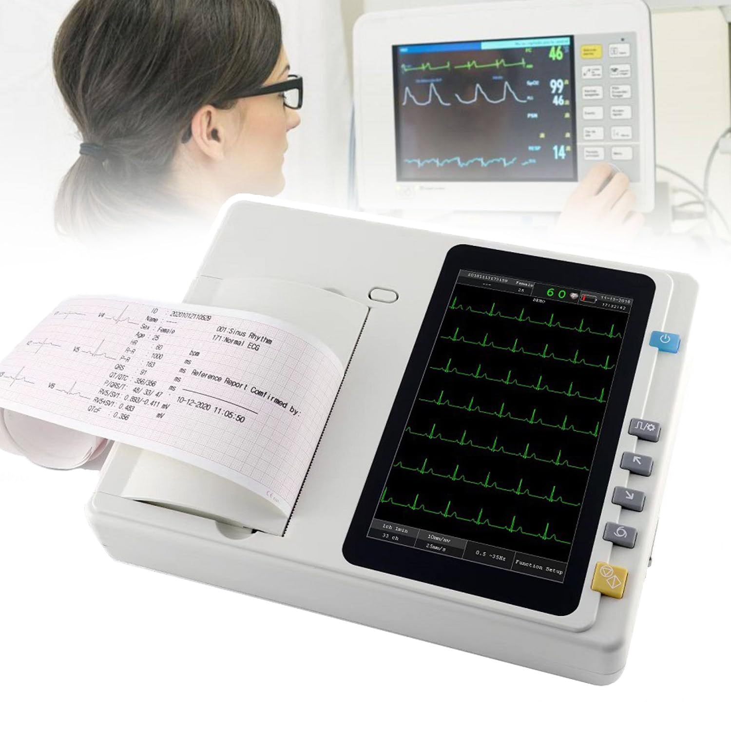 Monitor ECG Portatile, Schermo Touch Screen Digitale da 7 Pollici, 3 Canali, 12 Derivazioni, Elettrocardiografo con Software, Aggiornamento Software Tramite USB/Scheda SD.