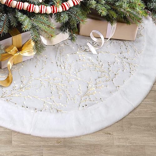 S-DEAL Falda de árbol de Navidad con bayas doradas, falda de árbol de felpa de piel sintética de 48 pulgadas para decoración navideña del hogar