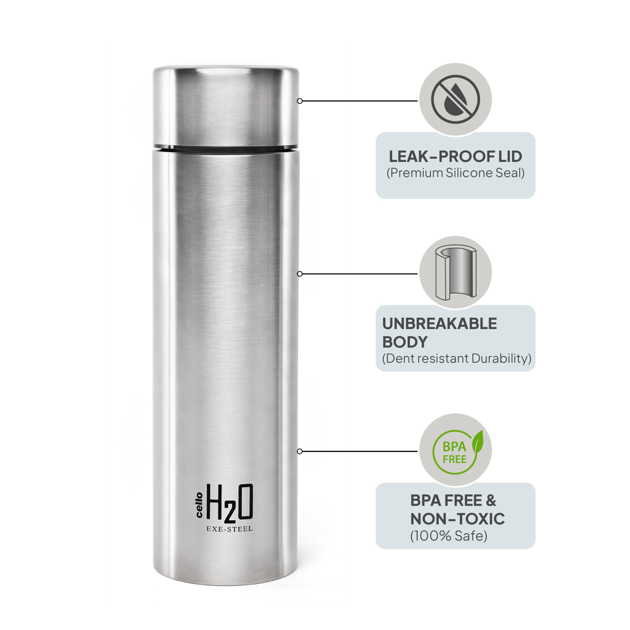 CELLO H2O Stainless Steel Water Bottle For Office & Daily Use 1000 ml, Silver | Single Wall Freezer & Fridge Safe, Lightweight & Stylish Leakproof Rustproof Steel Water Bottle For School, Gym & Travel — Amazon image 3