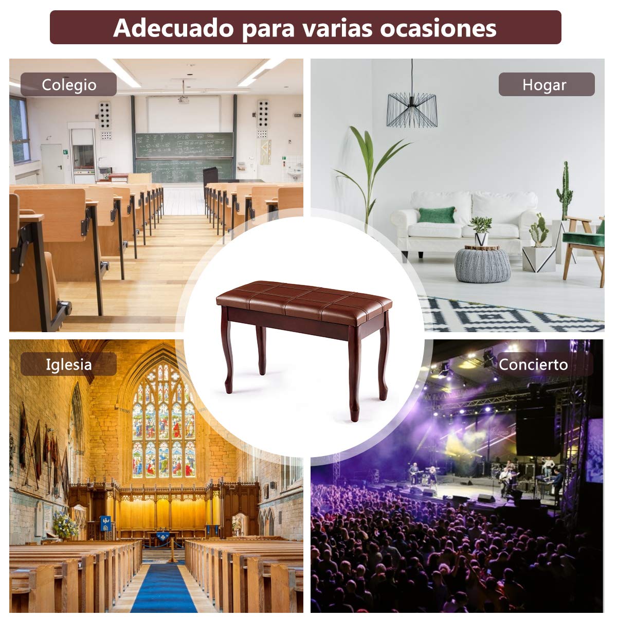 COSTWAY Banco para Piano de Madera y Cojín Acolchado Taburete de Piano con Compartimento Banco para Teclado de 75x35x49 centímetros (café)