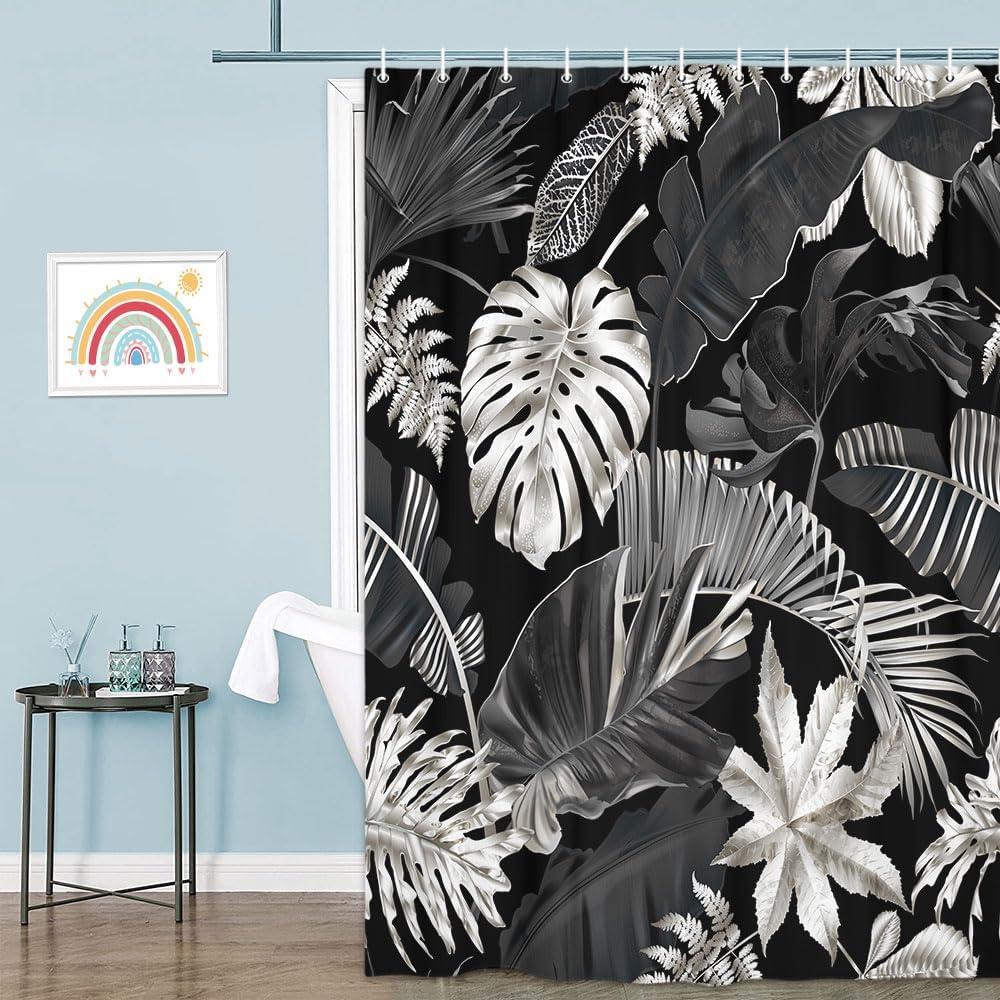 JAWO Tropical Leaves Shower Curtain, Watercolor Botanical Plant Palm Monstera Banana Leaf Decorative Shower Curtains, Polyester Fabric Waterproof Bathroom Shower Curtain Sets with 12 Hooks