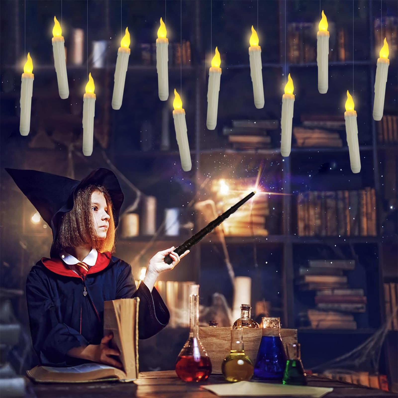 Magische Beleuchtung Indoor Neusky LED-Schwebekerzen 12er-Set – Warmweiß, Flackernd, Mit Fernbedienung, Nylonfaden, Für Halloween, Weihnachten & Dekoration (17x2,5 Cm)