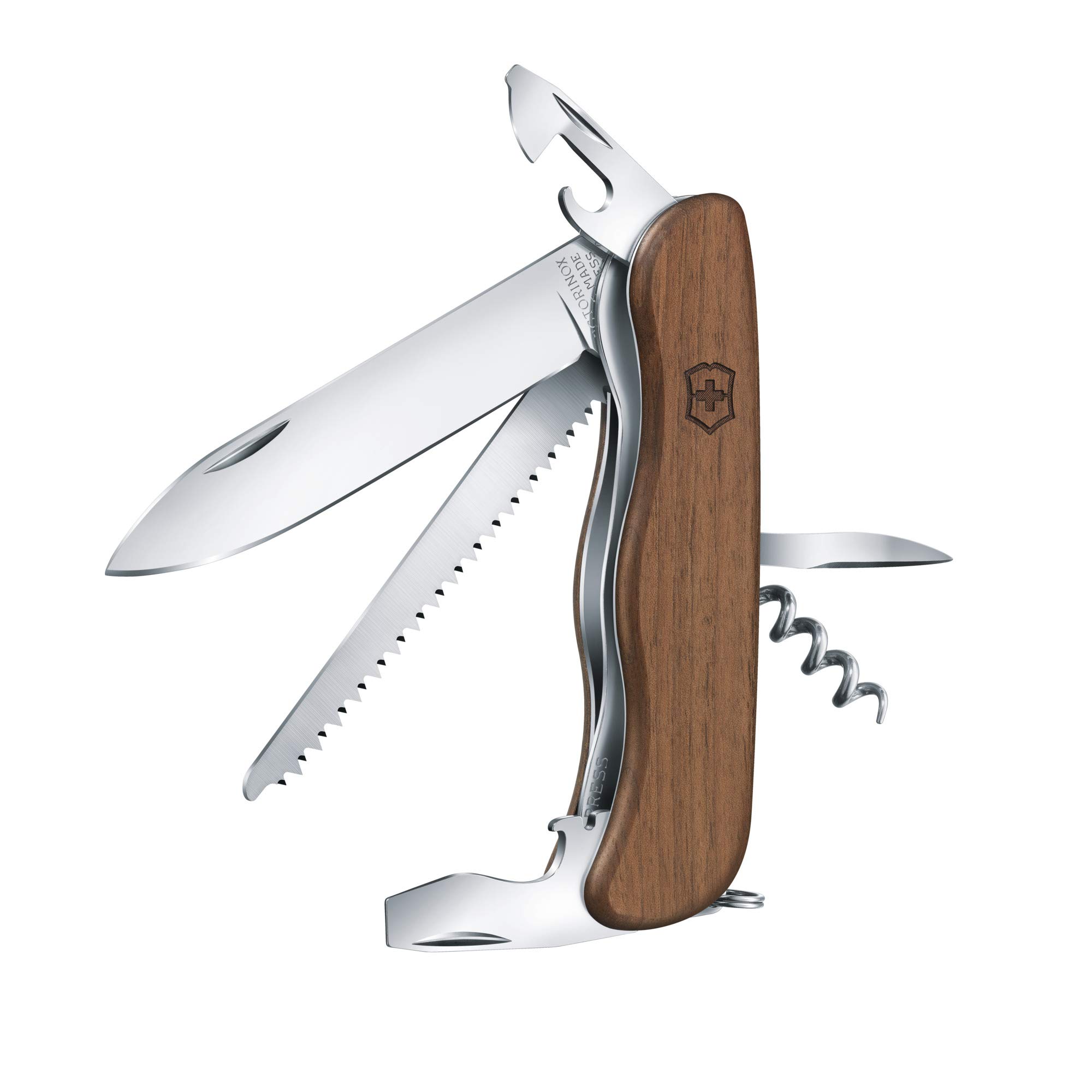 Victorinox Forester Wood Couteau de Poche Suisse 10 Fonctions, Noyer | Multitool avec grande lame blocable et scie "a bois pour camping et randonn"ee, manche en bois, 111 mm, fabriqu"e en Suisse