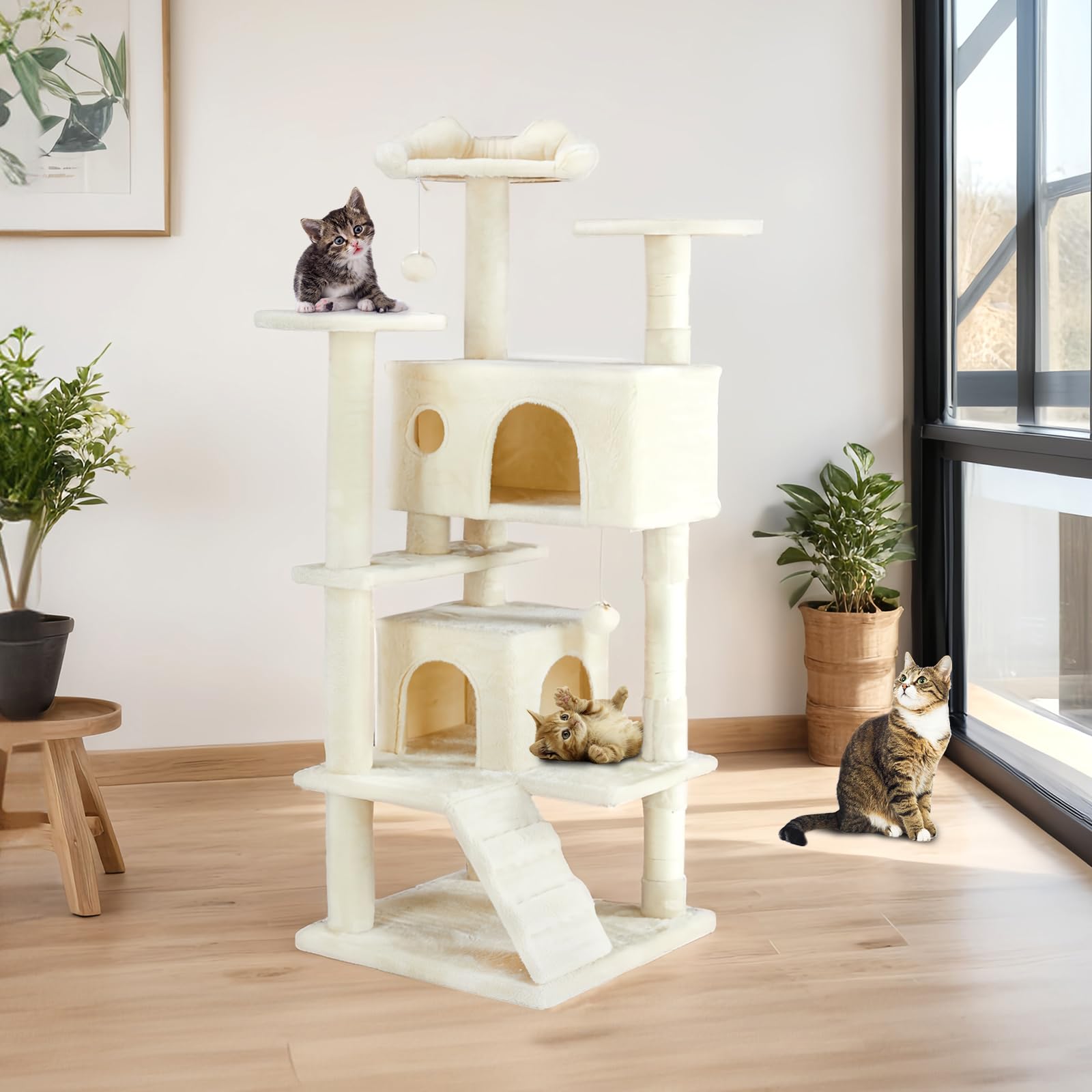 Sweetcrispy 63 inch Cat Tree Tower, Large Multi Level Cat Climbing Tower with Condo, Natural Sisal Scratching Posts, Extended Platform, Hammock, Pet House for Indoor Cats and Kittens Play, Grey: Beige 54*20*20IN