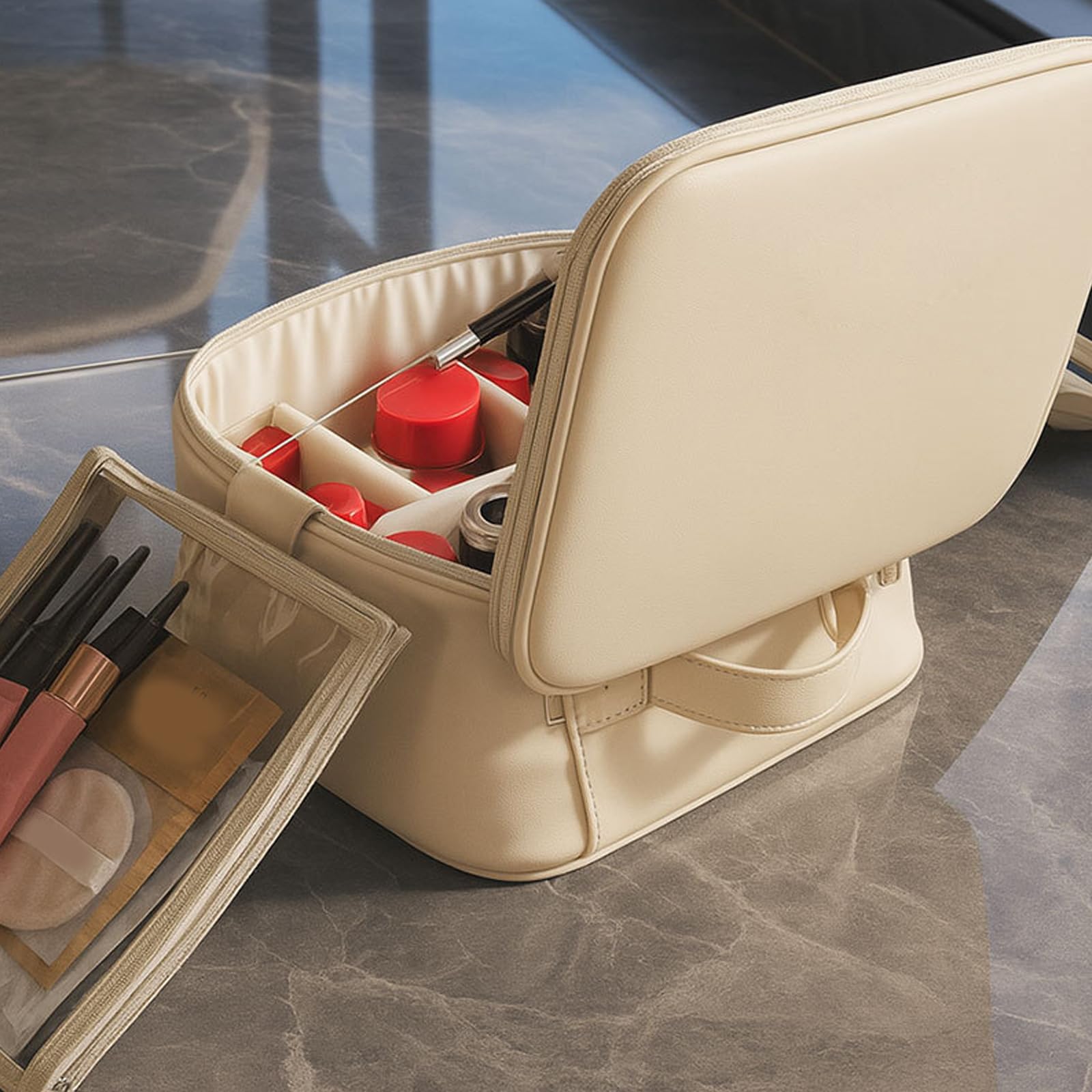 Custodia per cosmetici da viaggio in PU con portaspazzole staccabile e spazio archiviazione a specchio a tutta lunghezza, organizza per la borsa da viaggio per trucco da campeggio in palestra