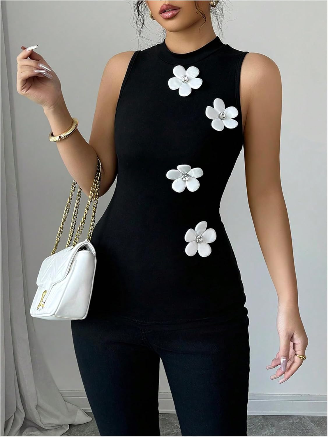 SOLY HUX Women's 3D Floral Tank Top Mock Neck Sleeveless Slim Fit Summer Tops - Image 5