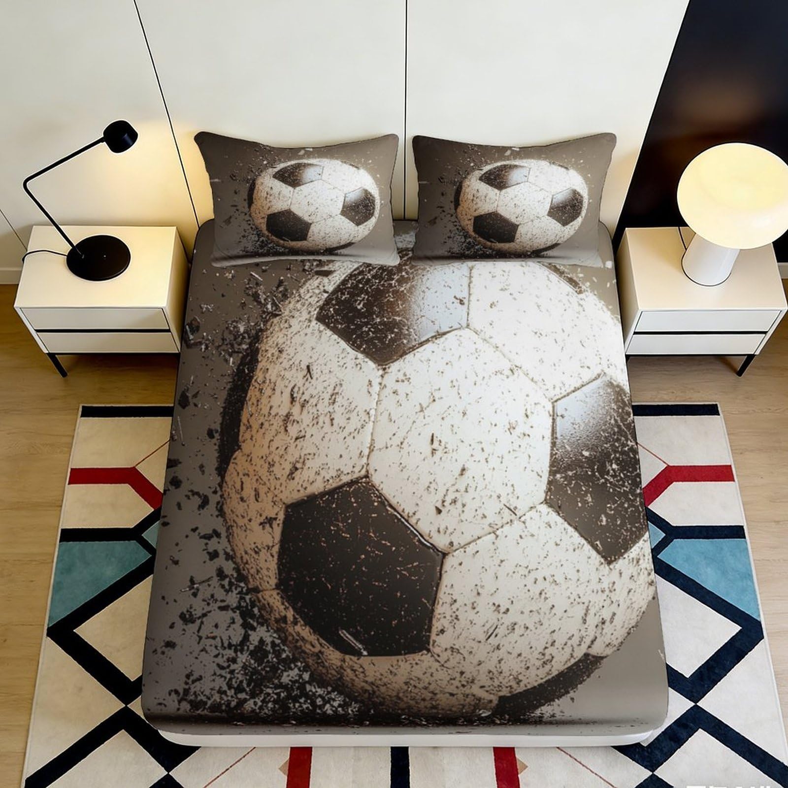 3D Printed Soccer Ball Fitted Sheet Microfiber Durable Breathable Football Bed Cover for Bedroom Dormitory Guest Room Mattress Protection 120x200x25cm
