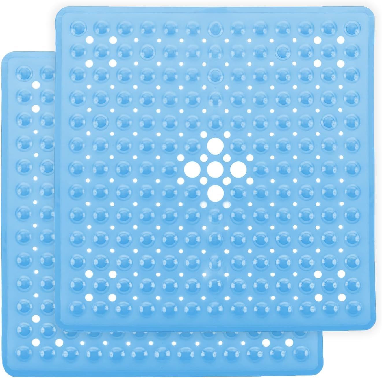 Moonlight20015 Blue Square Shower Mat Non Slip Anti Mould 2 Pack - 53X53cm Shower Mats For Inside Shower With Strong Suction Cups Grip And Drain Holes - Soft Touch Machine Washable (Blue)