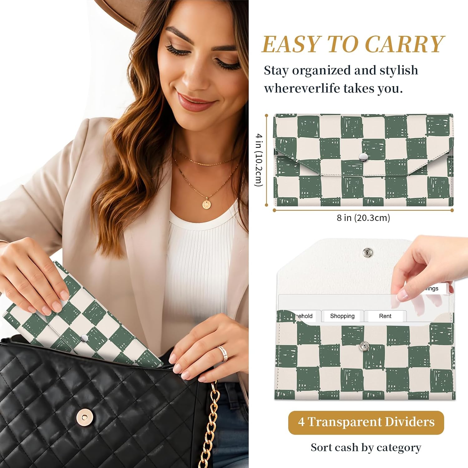 Cash Envelope Wallet for Women and Men, PU Leather Cute Money Saving Envelope with 4 Dividers and 1 Category Stickers, Reusable Money Holder for Cash Budgeting Green Checker image 3