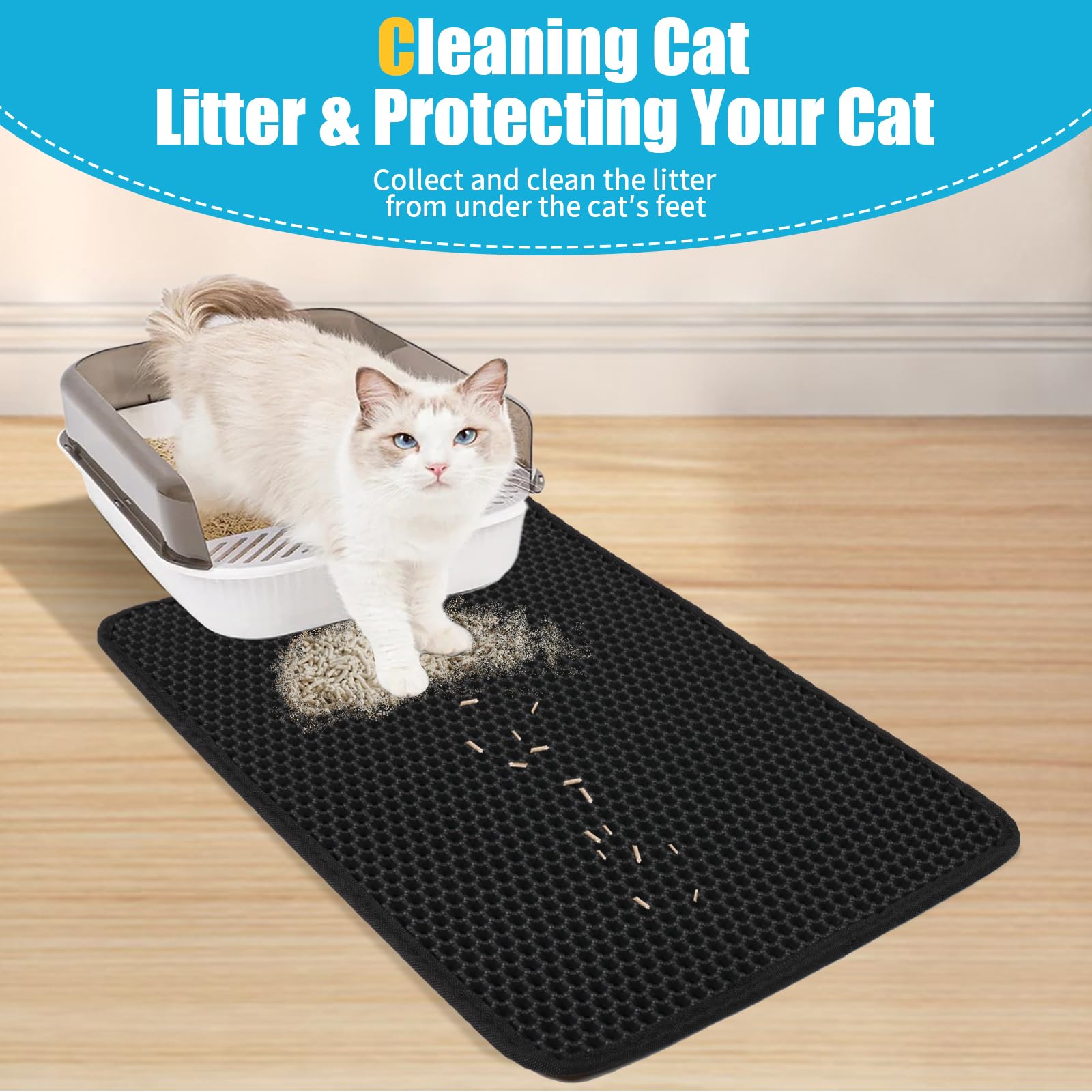 Tapete de arena para gatos, colector de arena para gatitos, diseño de panal de abeja de doble capa, impermeable, antiorina, antideslizante, fácil de limpiar, limita la basura (35 x 24 pulgadas,