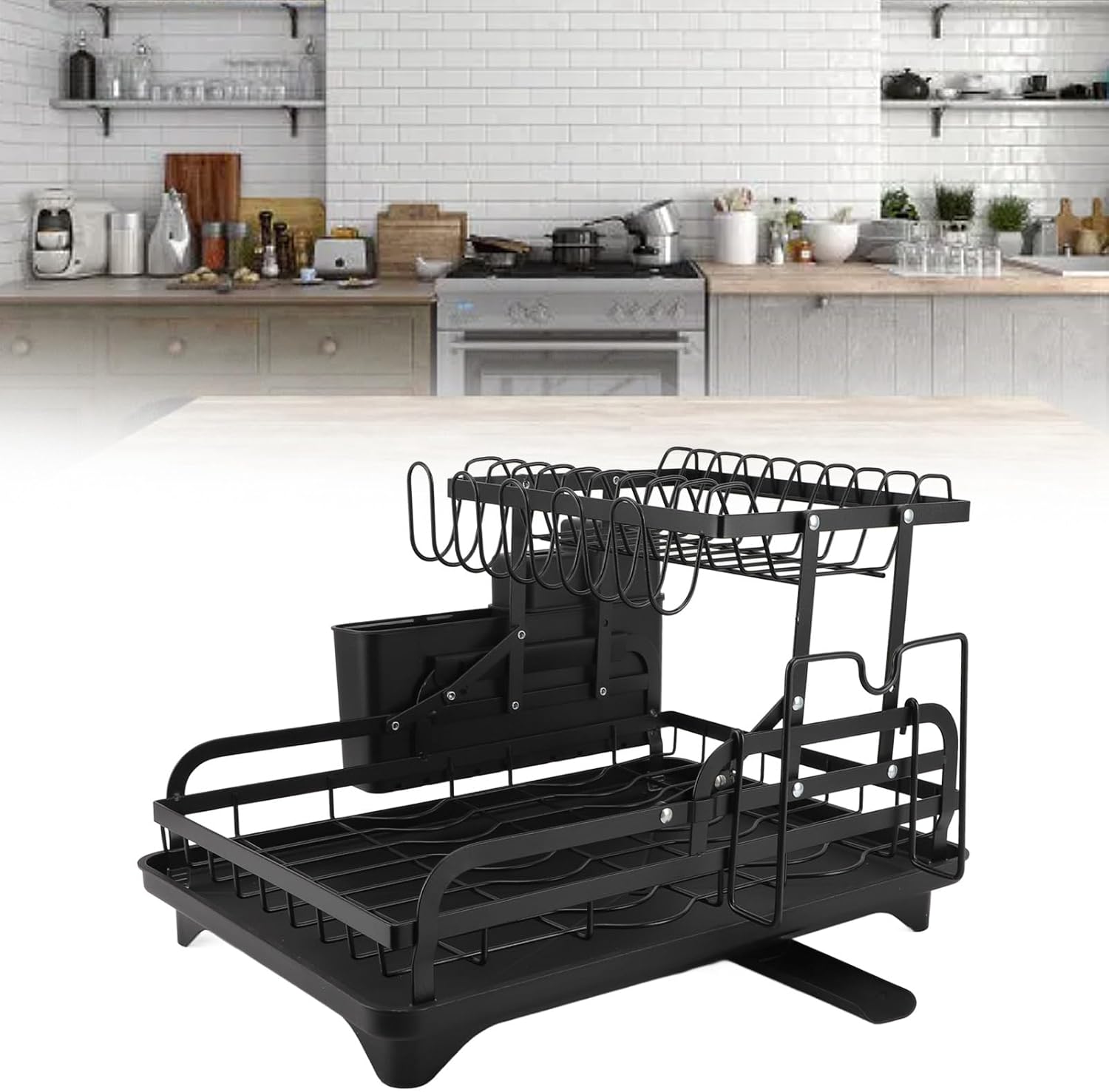 Double Tier Dish Drying Rack, Foldable Storage Rack for Kitchen Countertop, Drainer Shelf, Ventilated Design, Multipurpose Organizer with Iron Material (Black)