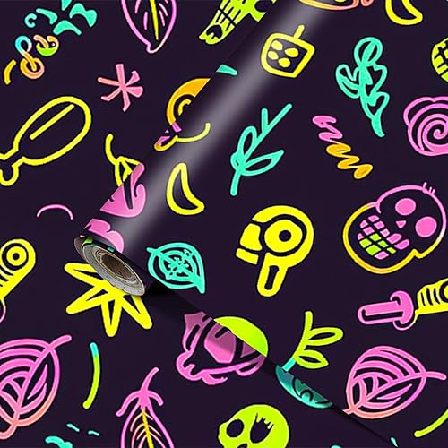 Papel tapiz de calavera de neón para despegar y pegar, arte callejero de graffiti, mural de pared reactivo a la luz negra, adhesivo de pared para