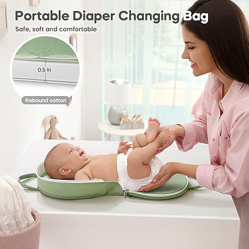 Miniatura 2 de Cambiador de pañales portátil de cuero impermeable con bolsa de pañales, fácil de limpiar, para niñas y niños recién nacidos, verde