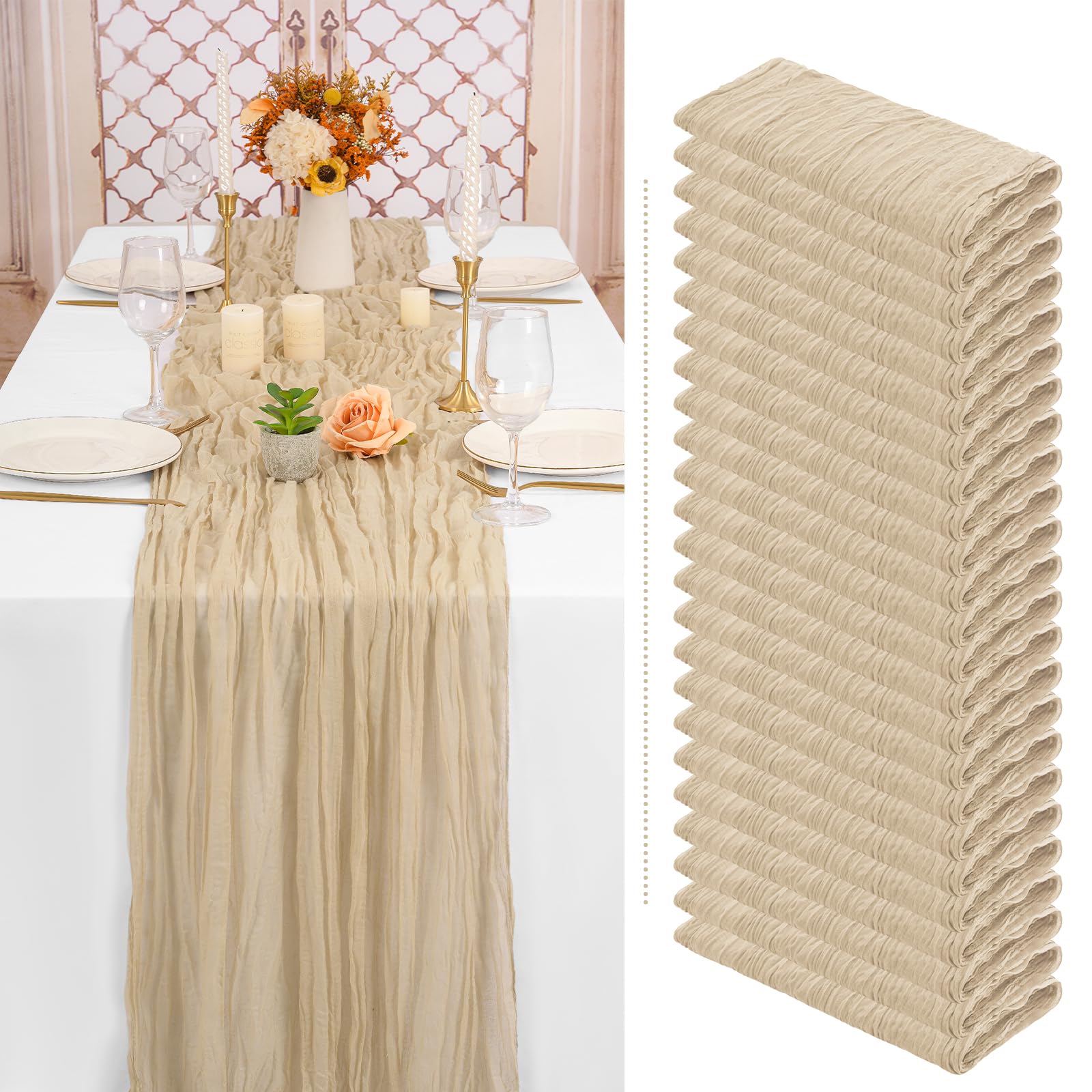 24 Pack Beige Cheesecloth Table Runner Gauze Table Runner 10FT Long Semi-Sheer Table Runner Boho or Rustic Wedding Table Decor for Wedding Decor Arch Draping Bridal Shower Holiday Party