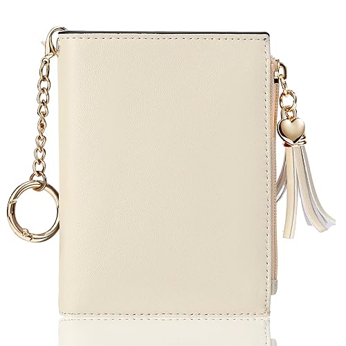 Gostwo Small Wallets for Women, Stylish Womens Wallet with ID Window, Zippered Coin Pocket and Tassel. Cute RFID Wallet for Women, ideal for Teen Girls, Commuters, and Women for Daily Use - White With Key Chain