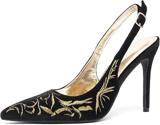Women's Pointed Toe Pumps - Elegant Embroidered Stiletto Heels with Back Strap, Dressy High Heel Shoes for Wedding, Party & Evening Wear