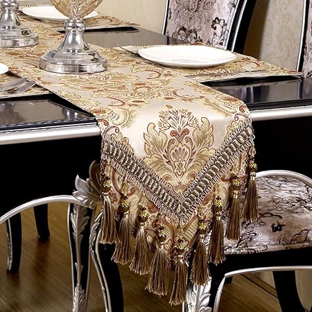 OZXCHIXU Embroidered Table Runners, Modern Jacquard Fabric Damask Table Runners with Handmade Multi-Tassels, Dresser Decoration Table Runners 14x54 Inch Khaki