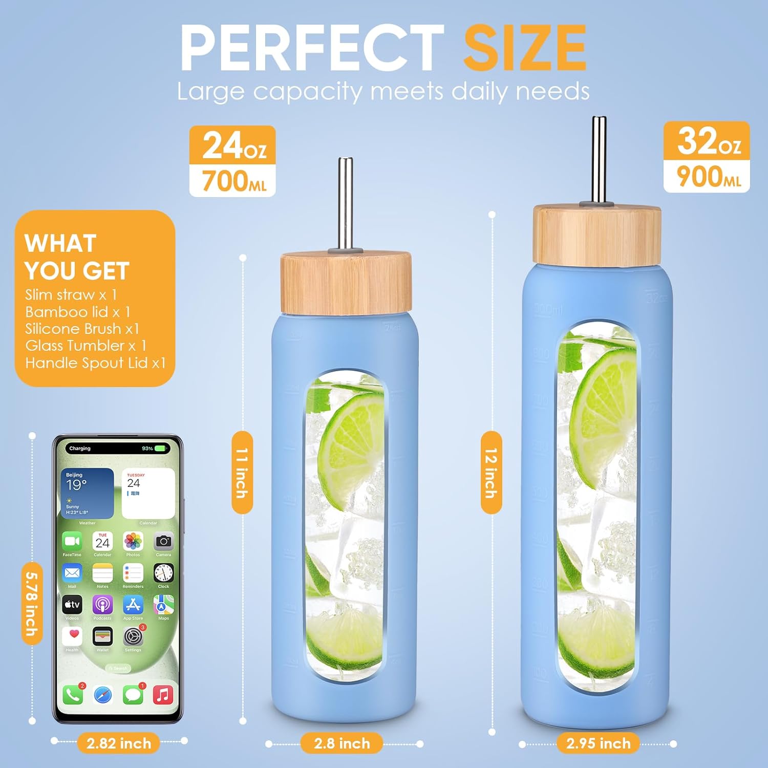 32 oz Glass Water Bottles With Two Lids Bamboo Straw Lid and Handle Spout Lid-1 Liter Glass Tumbler with Silicone Sleeve and Straw Leakproof BPA Free For Home Office Gym - Image 5