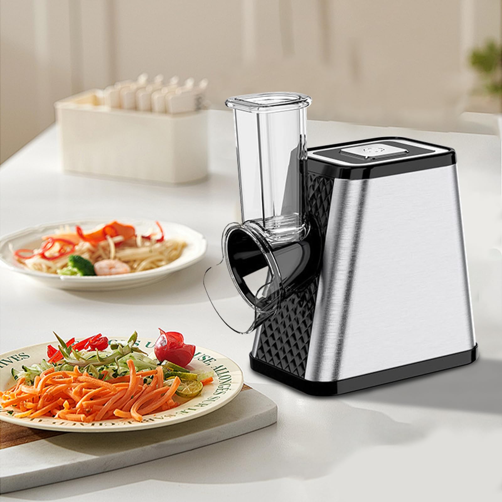 Râpe a Légumes Électrique 800W, 5 en 1 trancheuse electrique, Râpe à Fromageavec 5 lames tambour interchangeables, Trancheuse de Légume pour Fromage, Carottes, Pommes de Terre, Concombres (A)