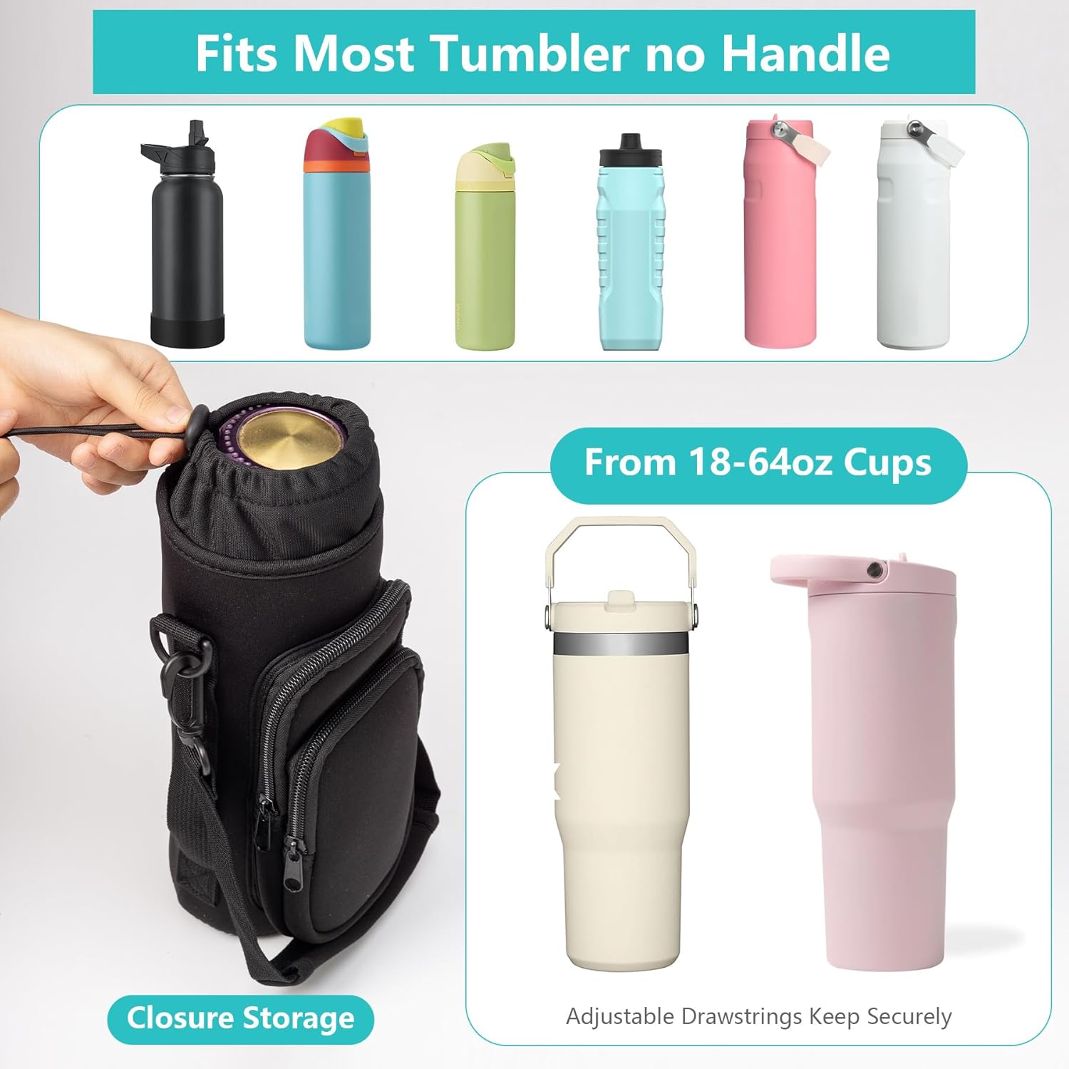 Water Bottle Carrier Bag,Water Bottle Holder with Straps Phone Pockets Fits Stanley IceFlow Owala 16/24/32/40oz Tumbler - Image 4
