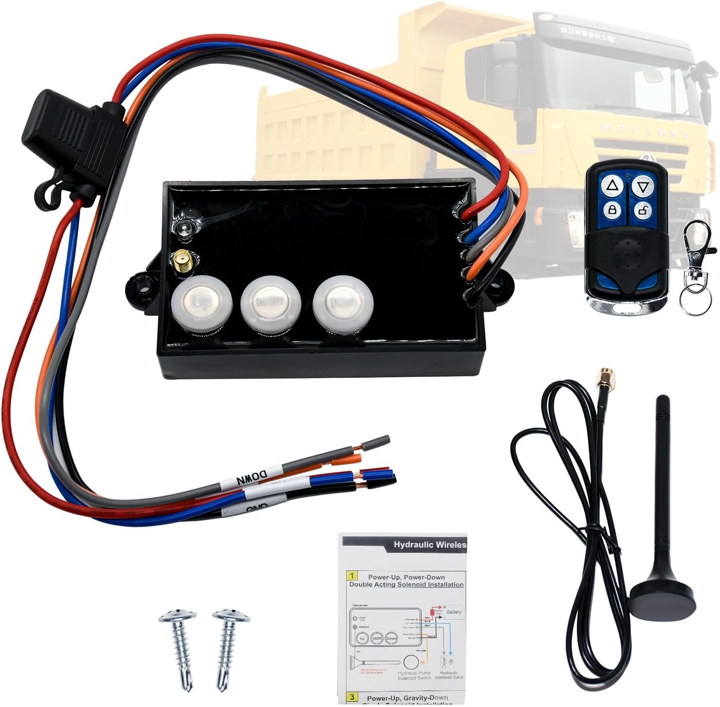 Julydeep G3-H01 Wireless Dump Trailer Remote Control Kit, fit for 12V Hydraulic Pump Lift Winch Controller for Dump Trailer, Low Voltage Protection Tethered Backup Control, 50-100ft Operating Range